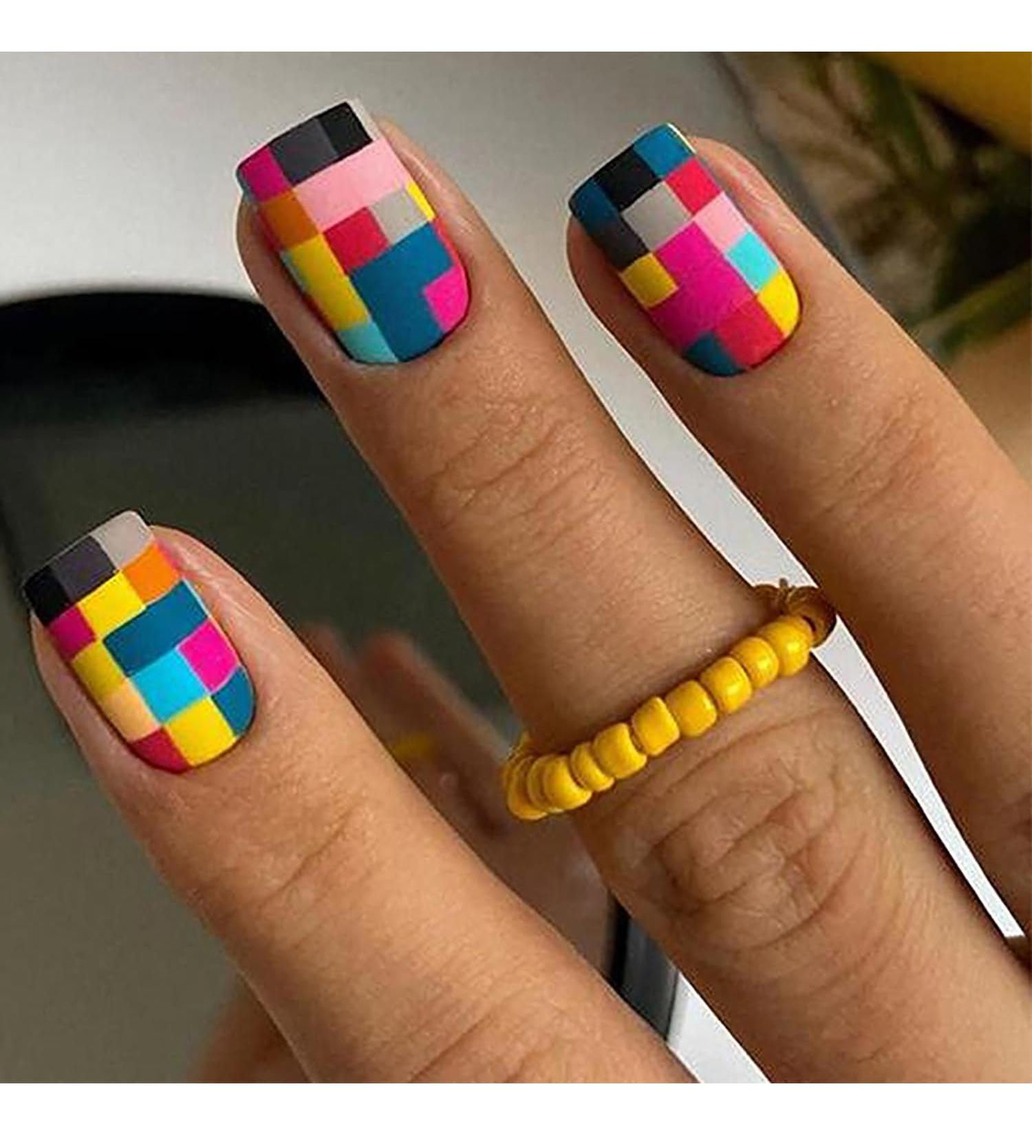 Vezocim Press on Nails - 24 Pcs Short Square Matte Acrylic Full Cover Fake Nails with Plaid Designs - Extra Short Stick-On Nails with Glue for Women & Girls - Buy Online on GoSupps.com