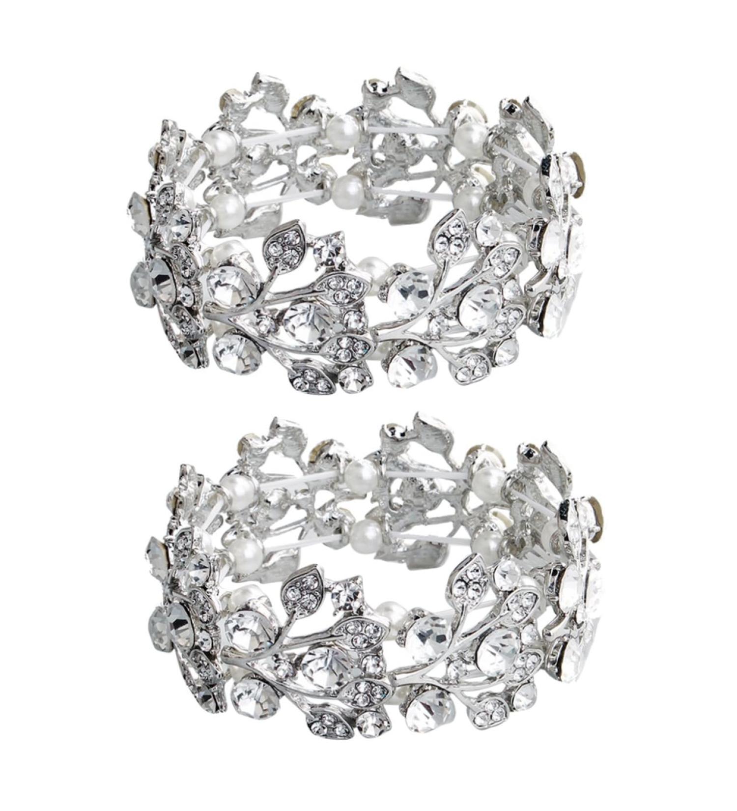 Solustrie 3PC Wedding Bridal Bracelets | Pearl Tennis & Elastic Stretch Bracelets for Women - Silver - Buy Online on GoSupps.com