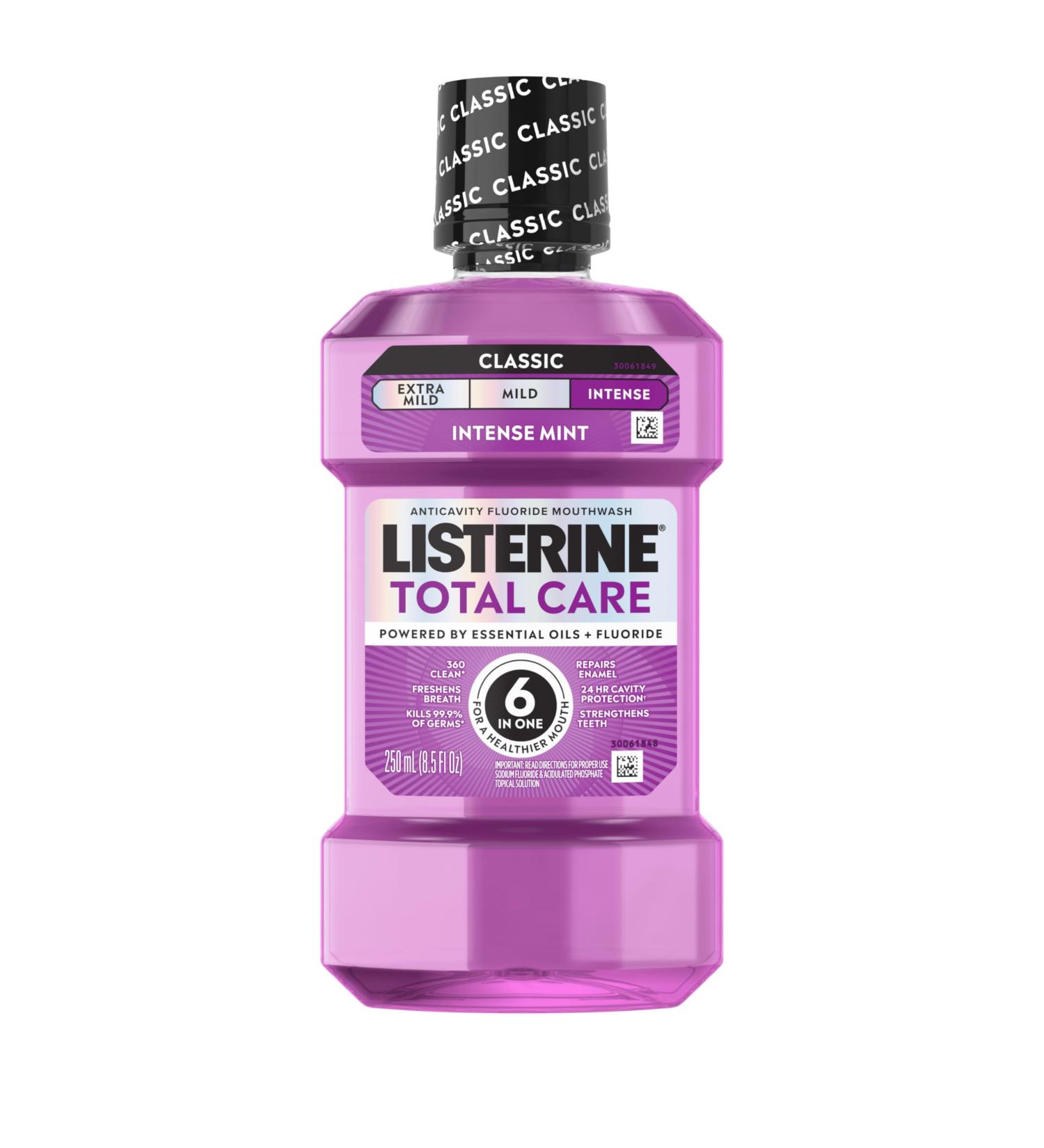 Listerine Total Care Intense Anticavity Fluoride Mouthwash 6 Benefits in 1 Oral Rinse Helps Kill 99% of Bad Breath Germs Prevents Cavities Provides 360 Clean* ADA-Accepted Intense Mint 250 mL 8.5 Fl Oz (Pack of 1) - Buy Online on GoSupps.com