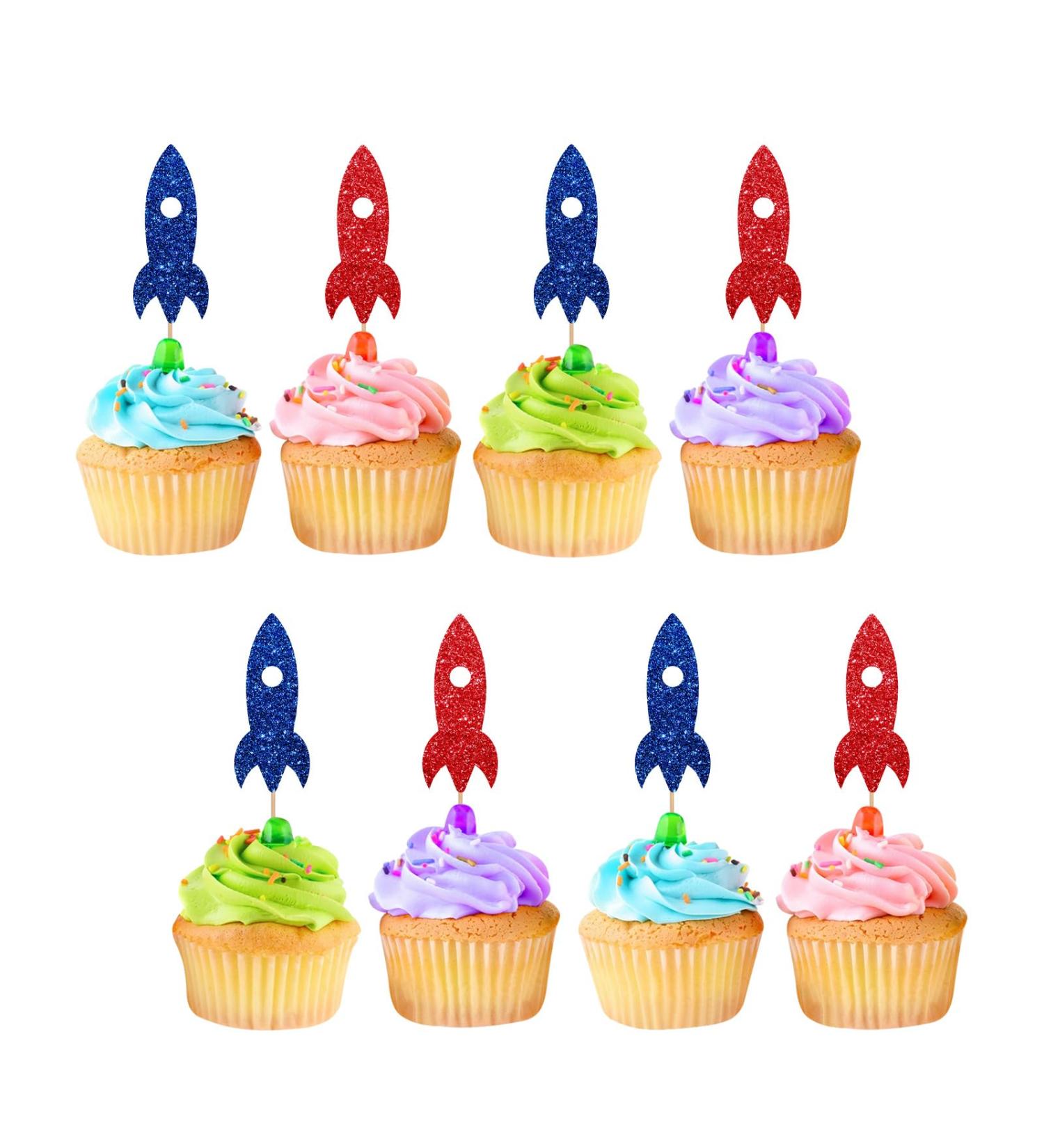 Rocket Ship Cupcake Toppers Space Astronaut Party Cake Decor Red&Blue Glitter Cake Decorations for Boy's Birthday 1st Birthday/Outer Space Theme Party Supplies - 24pcs - Buy Online on GoSupps.com