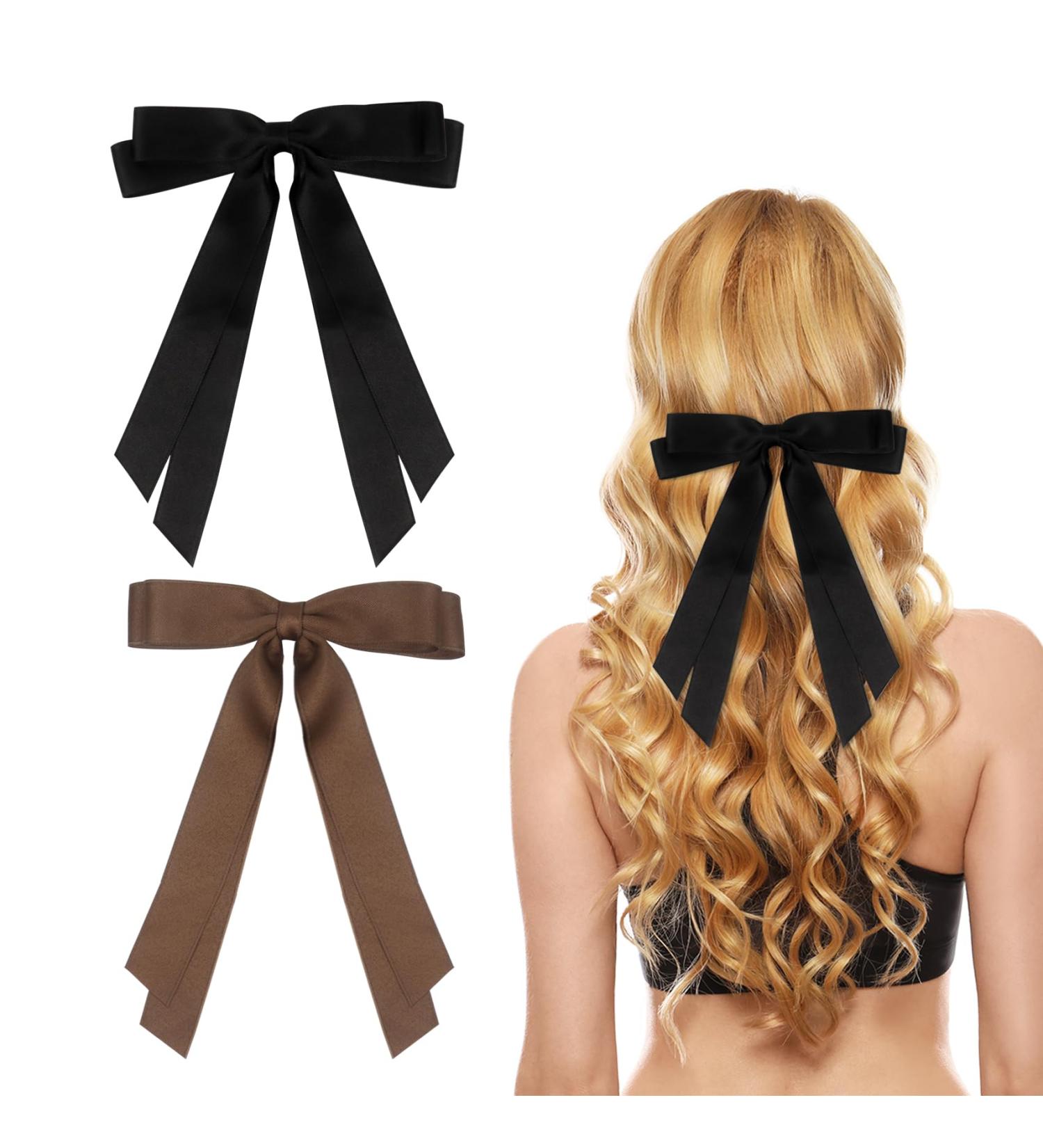 2 Pack Hair Bows for Women Black Bow Hair Clips French Barrette with Long Silky Satin Hair Ribbons for Women Girls(Black Brown) - Buy Online on GoSupps.com