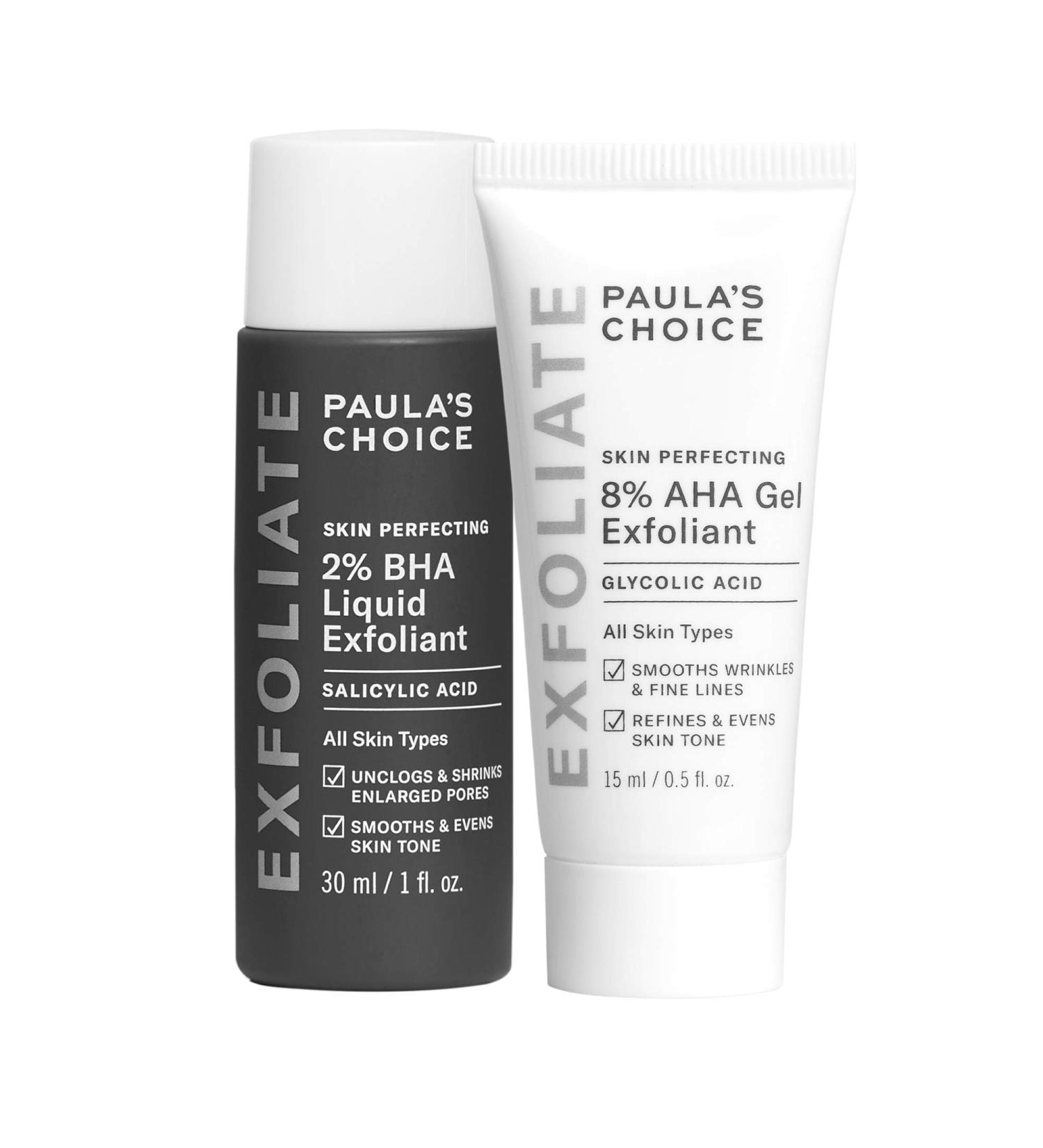 Paula's Choice 8% AHA Gel Exfoliant & 2% BHA Liquid Travel Duo - Facial Exfoliants for Blackheads & Wrinkles with Glycolic Acid & Salicylic Acid - Travel Size Face Exfoliators - Buy Online on GoSupps.com