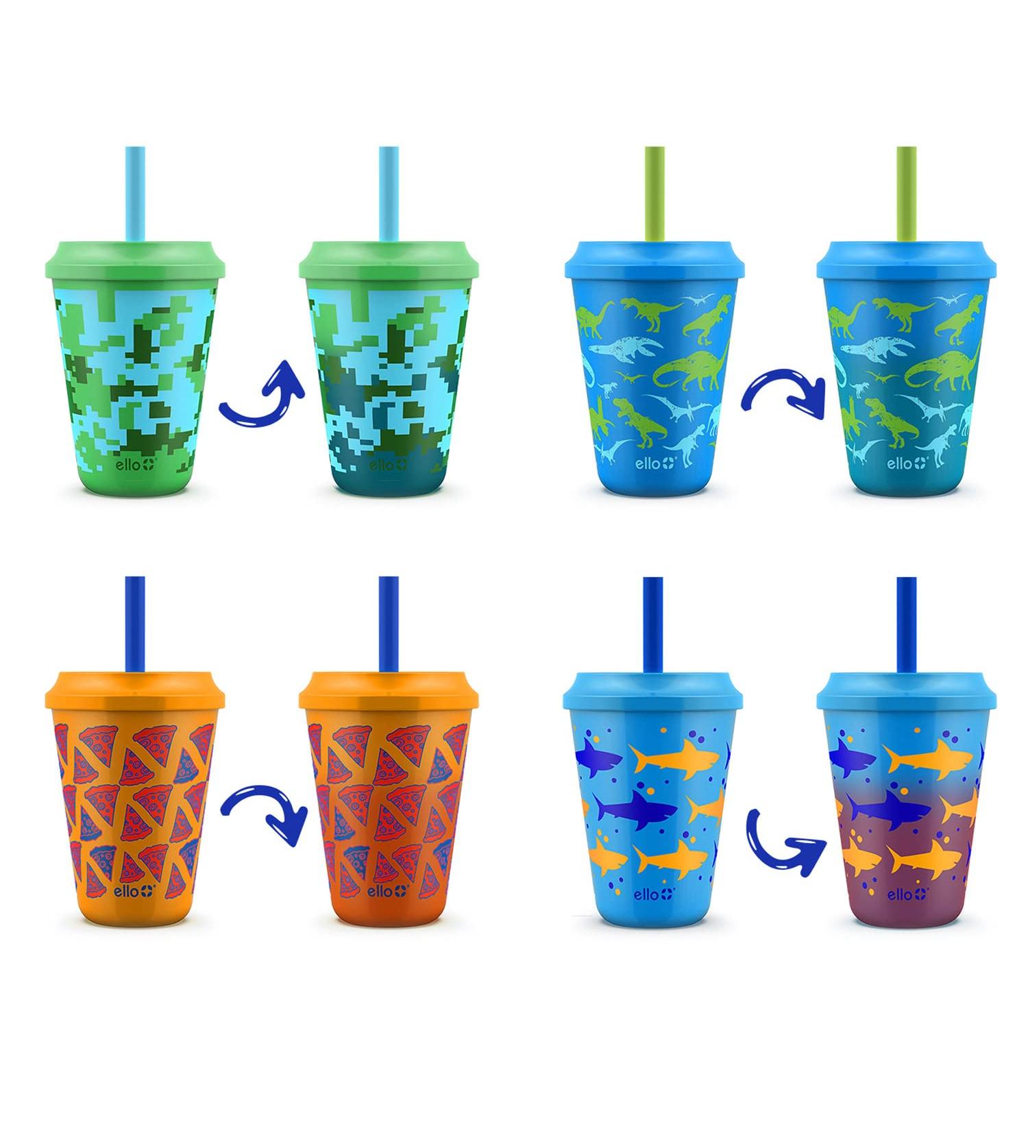 Ello Kids 12oz Chameleon Color Changing Cups - Reusable Plastic Cups with Lids and Straws - 4 Pack - Rainforest - Buy Online on GoSupps.com