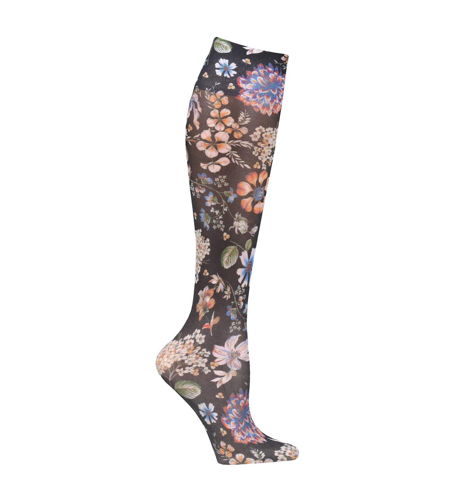 Celeste Stein Moderate Compression Knee High Stockings Wide Calf - Prarie Flowers Black