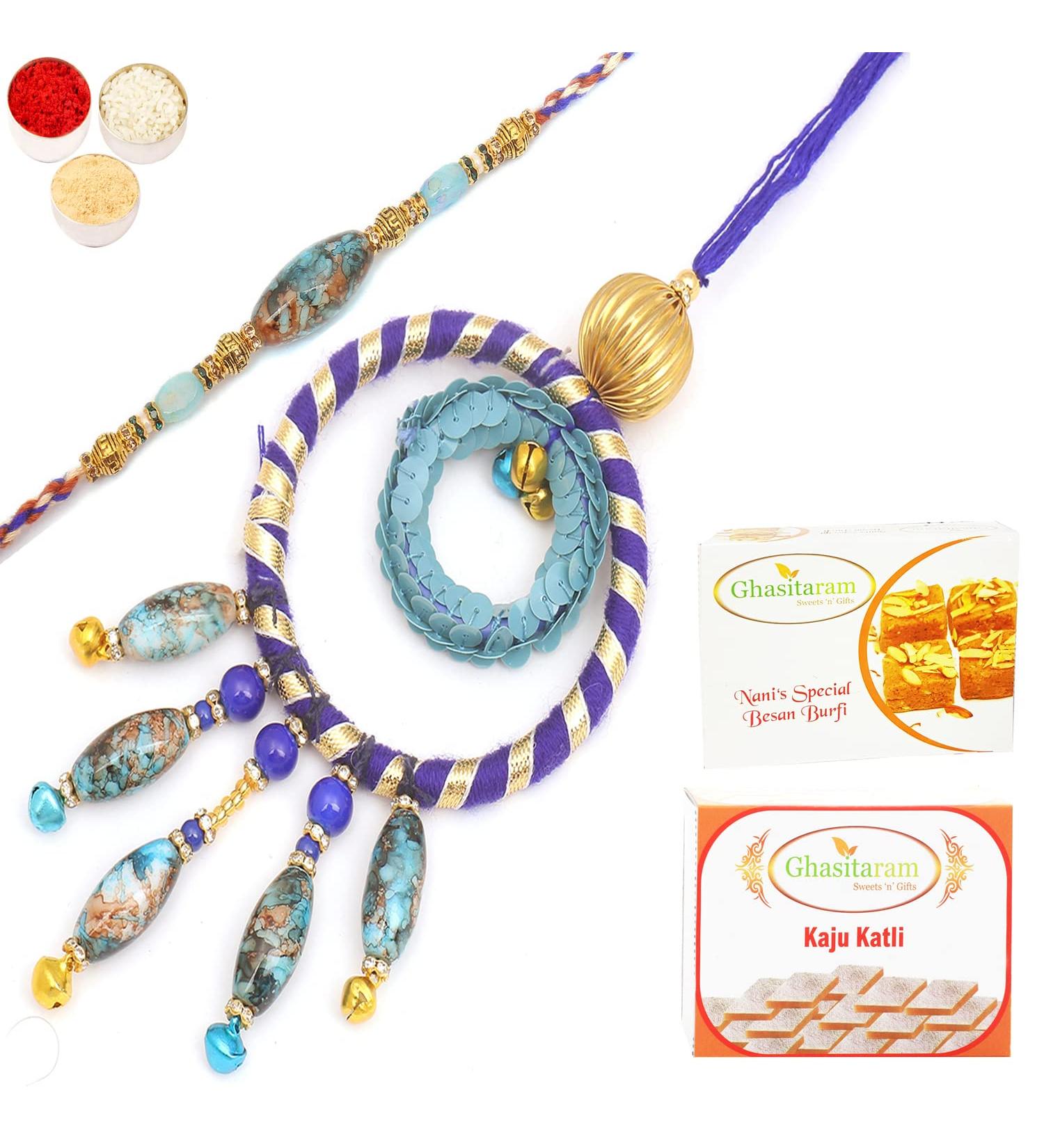 Ghasitaram Gifts Rakhis Online - Rakhi for Brother- The Ever Lasting Bond rm100 Bhaiya Bhabhi Rakhi with 200 GMS of Besan Barfi and 200 GMS of Kaju Katli Rakhi Set with 200 gms of Besan Barfi & Kaju Katli - Buy Online on GoSupps.com