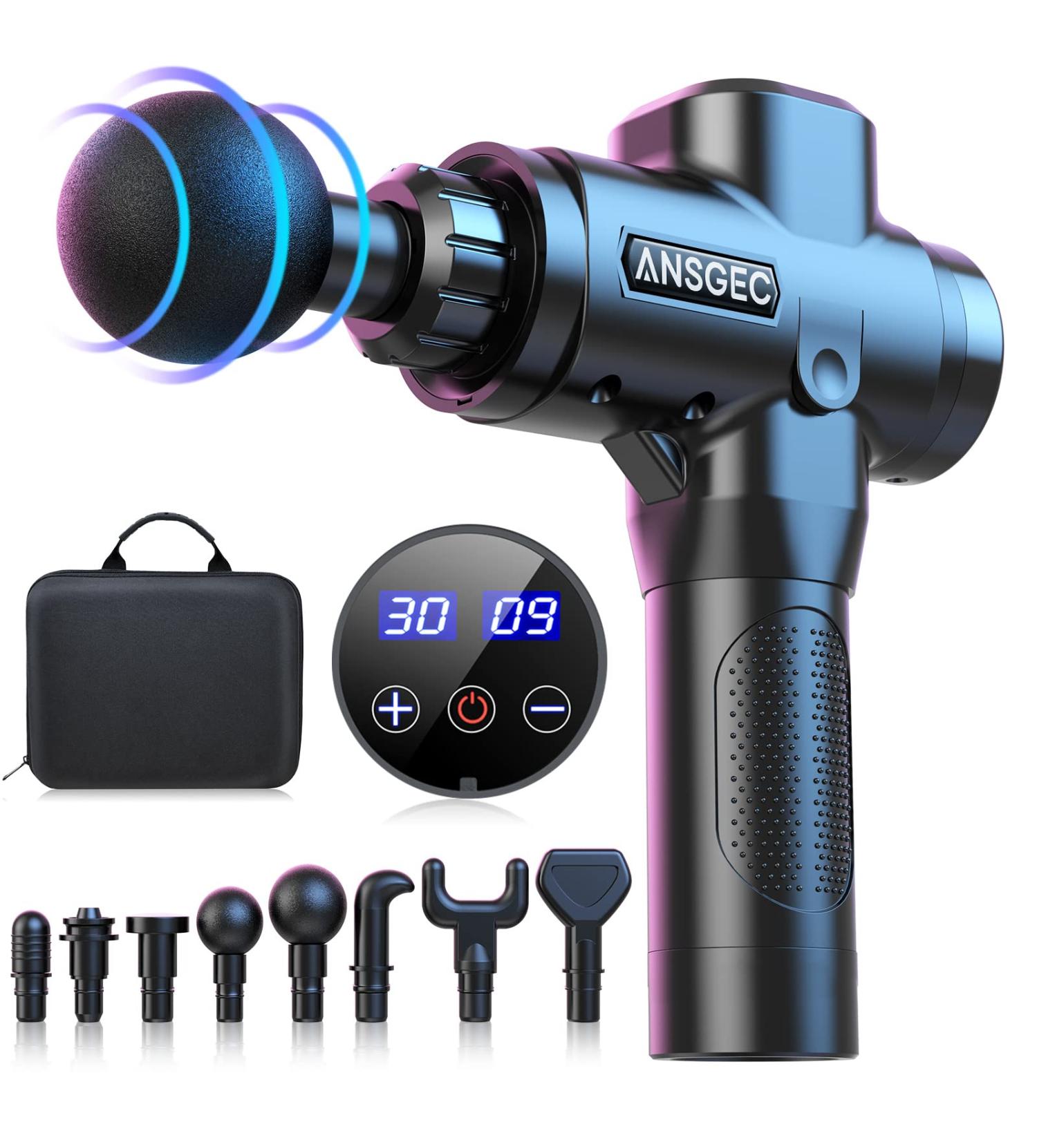 ANSGEC Powerful Massage Gun - 30 Speed Deep Tissue Percussion Massager with 8 Attachments - Quiet Portable & Effective for Neck and Back Relief - Buy Online on GoSupps.com