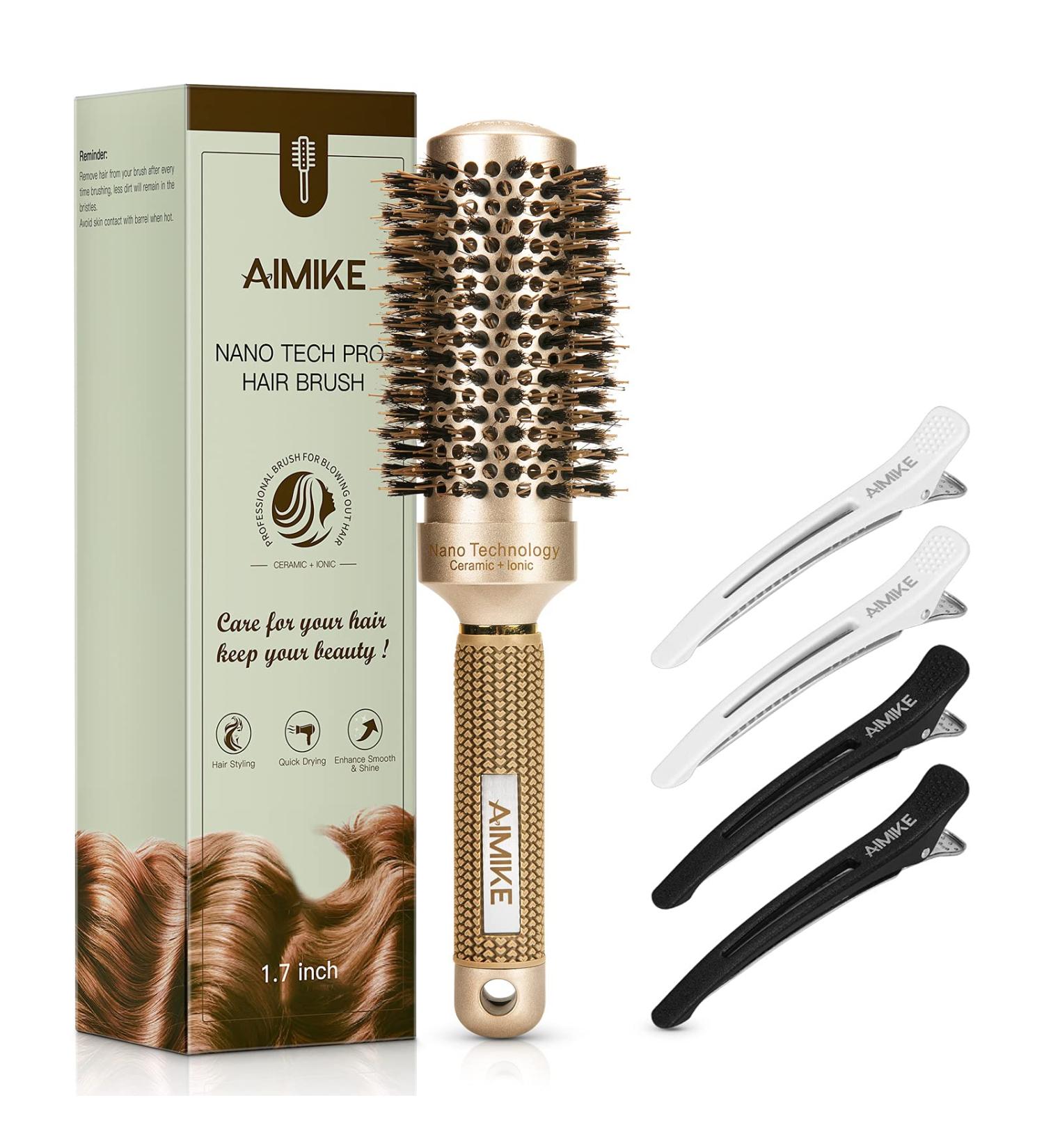 AIMIKE Nano Ceramic Ionic Round Brush 1.7'' | Medium Barrel with Boar Bristles for Blow Drying, Styling, Curling | Increase Hair Shine | Includes 4 Hair Clips - Buy Online on GoSupps.com