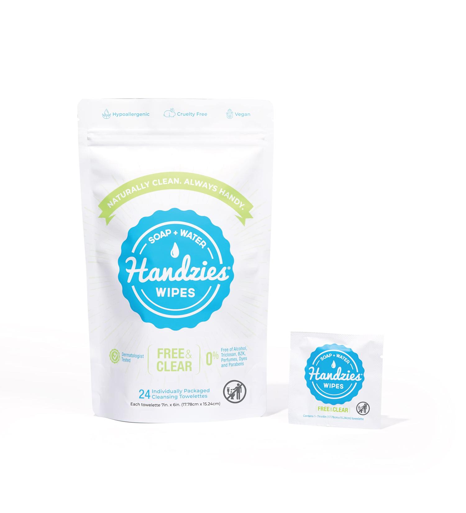 Handzies Natural Soap and Water Hand Wipes - Hypoallergenic, Free and Clear - 24 Individually Packaged Singles - Buy Online on GoSupps.com