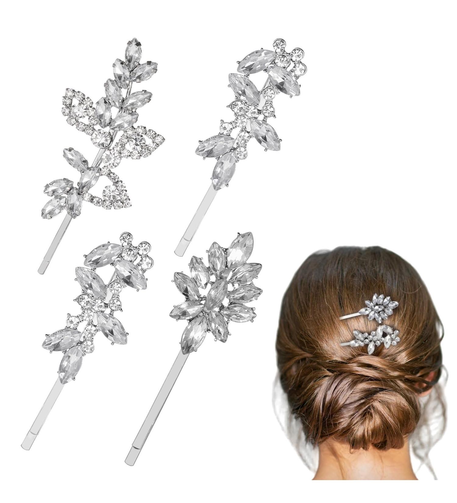 Tyqour 4 Pieces Rhinestone Wedding Hair Pins Silver Bridal Hair Clip Rhinestone Glitter Hair Clips Diamond Crystal Hair Accessories Bling Decorative Hair Clips - Buy Online on GoSupps.com
