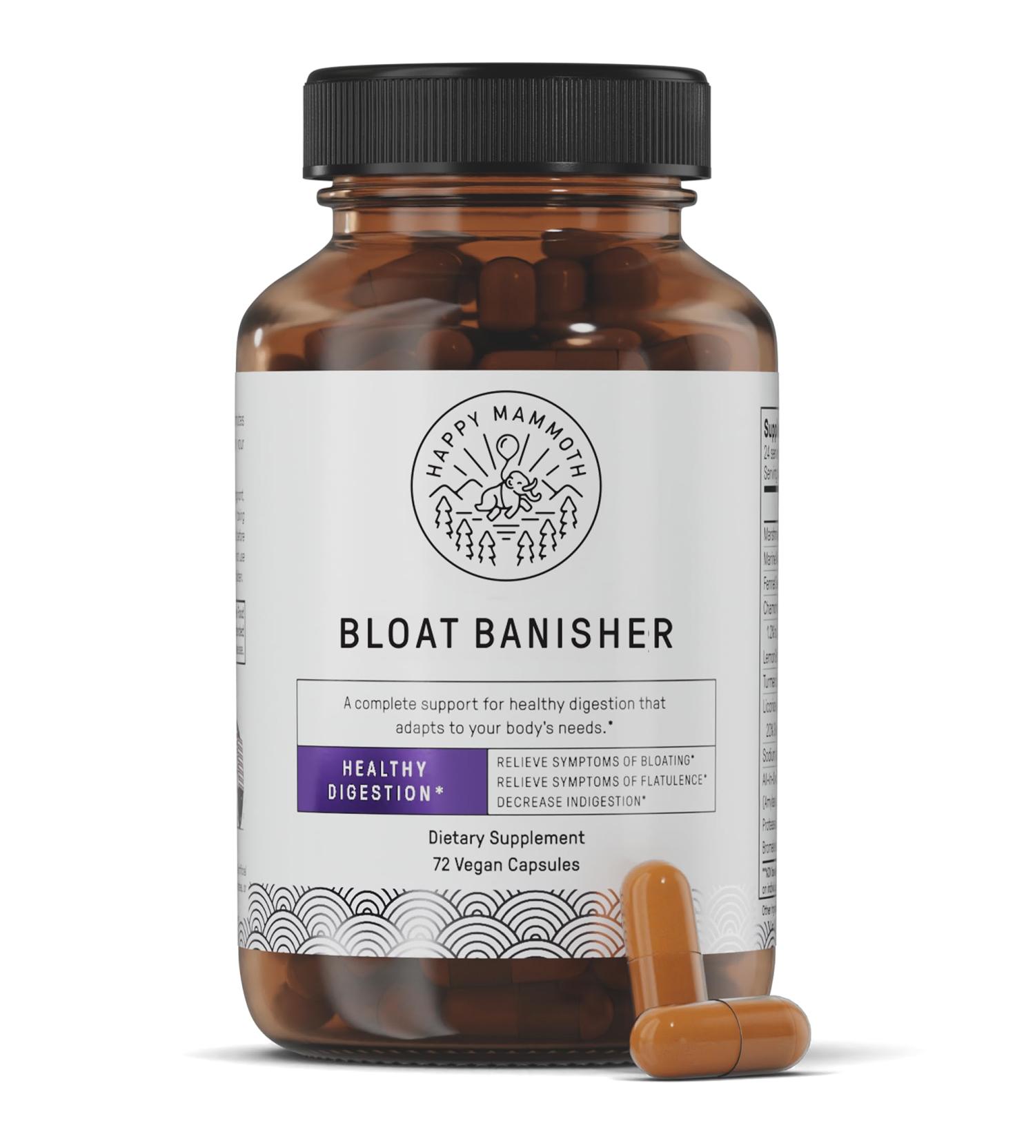 Happy Mammoth Bloat Banisher Natural Relief for Bloating Gas Indigestion & Discomfort. Promotes Healthy Digestion of Even Difficult Foods Like Dairy Breads Pizza Cheese & Meats. 72 Caps - Buy Online on GoSupps.com