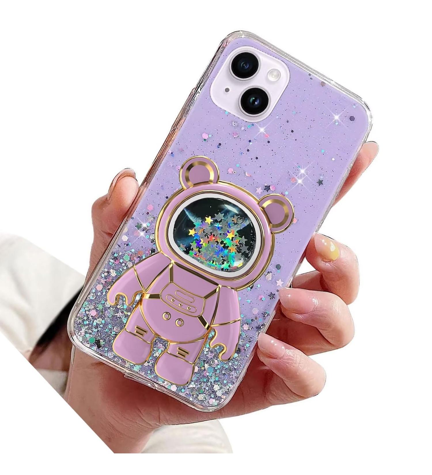 Rnrieyta Miago B r Astronaut iPhone 14 Plus Cover - Cute Purple Crystal Bumper Case with Kickstand & Glittery Transparent Design - Buy Online on GoSupps.com