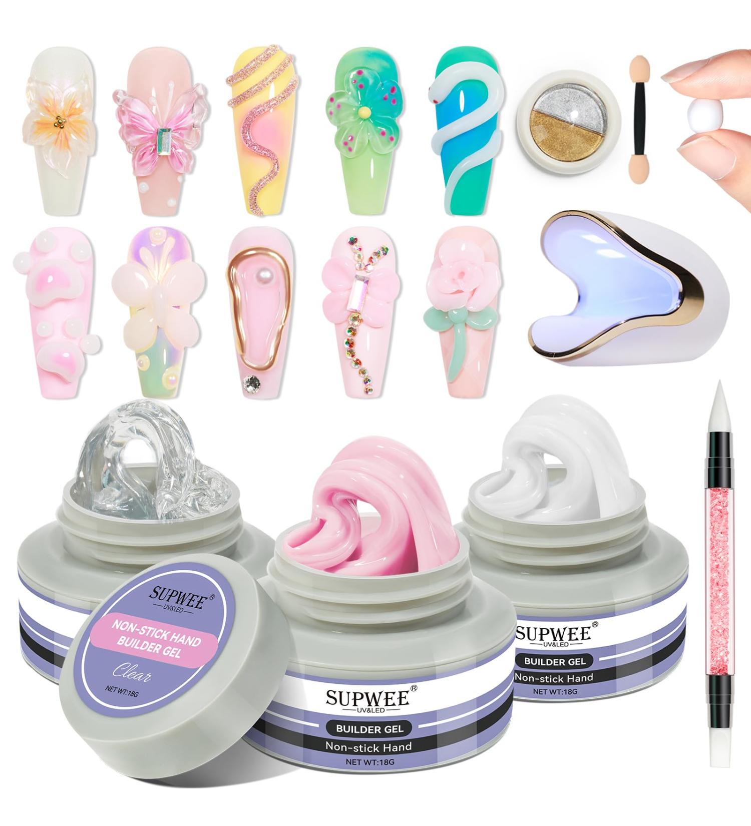 Solid Builder Gel for Nails - Clear White & Pink Hard Gel for 3D Nail Art | UV Nail Lamp & Chrome Powder Included | Ideal for DIY & Nail Salon Extensions - Buy Online on GoSupps.com