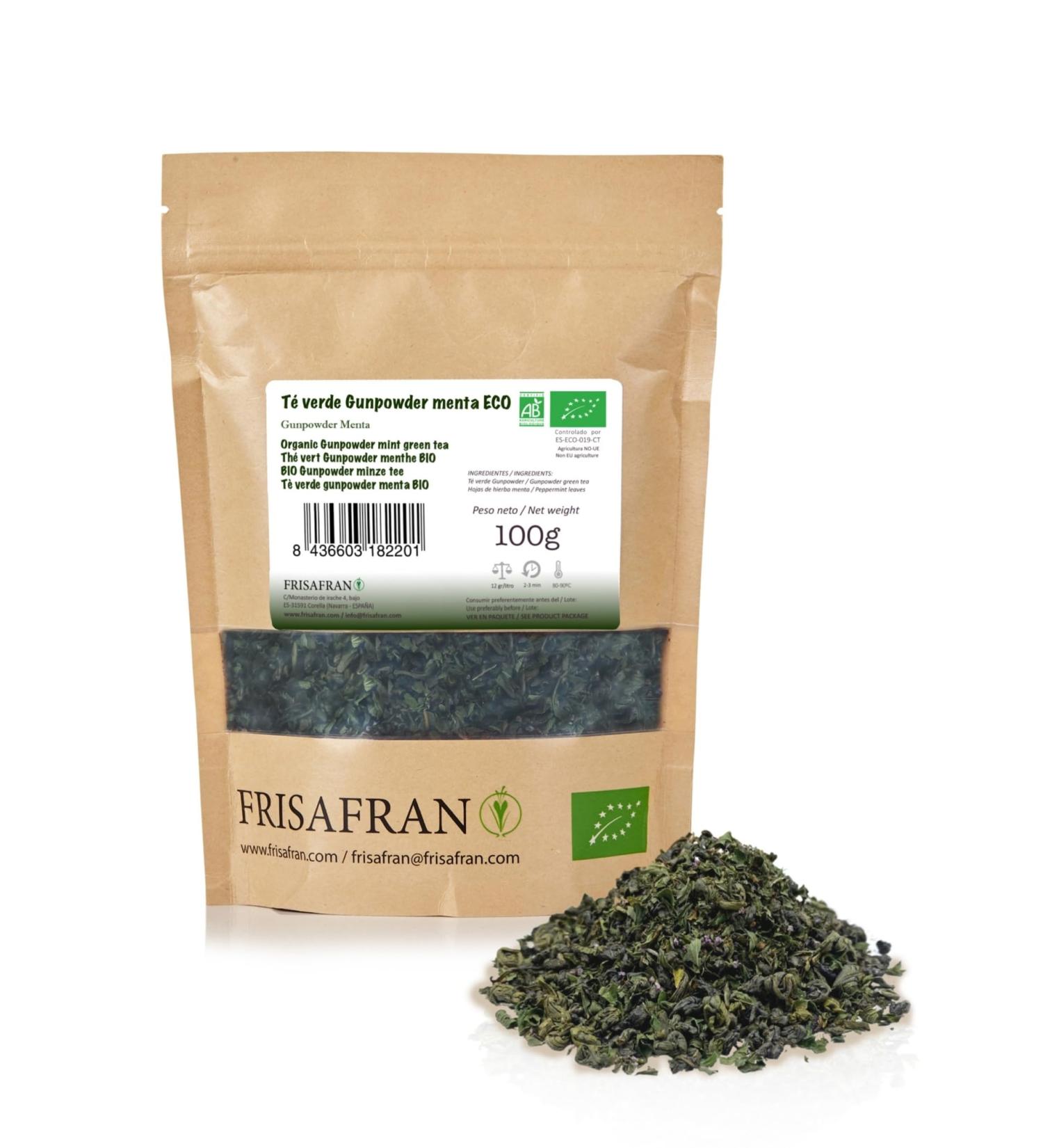 FRISAFRAN | Th Vert Menthe Gunpowder Bio Vrac 100g | Antioxydant | th vert japonais | Digestif | bonne sant | boisson rafra chissante | Infusion de Menthe | pur | Feuilles de menthe | chaud-froid Gundpowder 100g - Buy Online on GoSupps.com