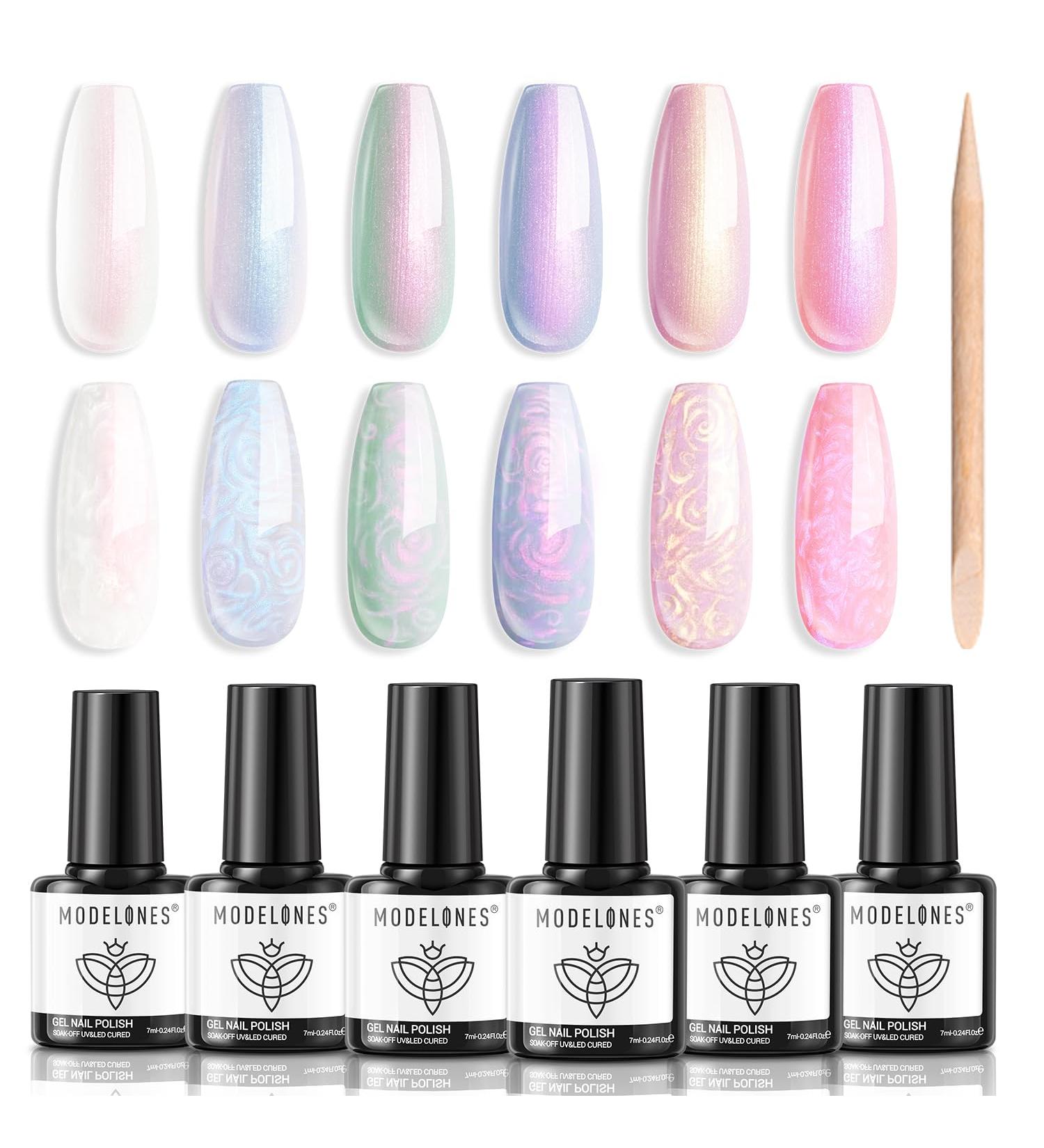 Modelones Pearl Gel Nail Polish Set - 6 Colors Aurora Iridescent Shimmer White Pink Purple | Mermaid Nail Drawing Gel Polish | Soak Off Spring Swirl Shell Thread Effect | DIY Manicure Gifts - Buy Online on GoSupps.com