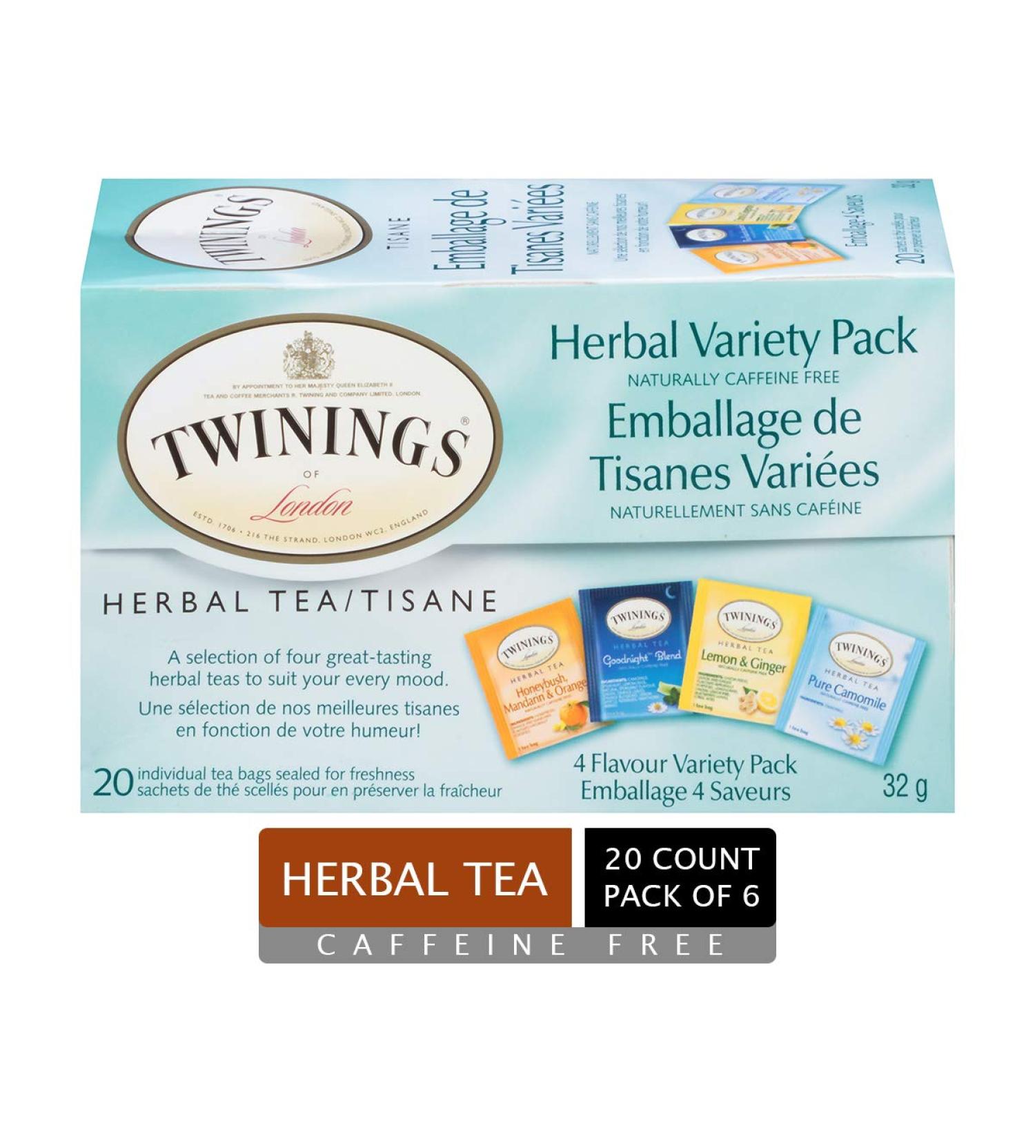 Twinings Herbal Variety Pack Individually Wrapped Tea Bags | Naturally Caffeine-Free | Includes Lemon Mandarin Orange Camomile & Goodnight Blends | 20 Count (Pack of 6) | Enjoy Hot or Iced Variety Pack 20 Count (Pack of 6) - Buy Online on GoSupps.com