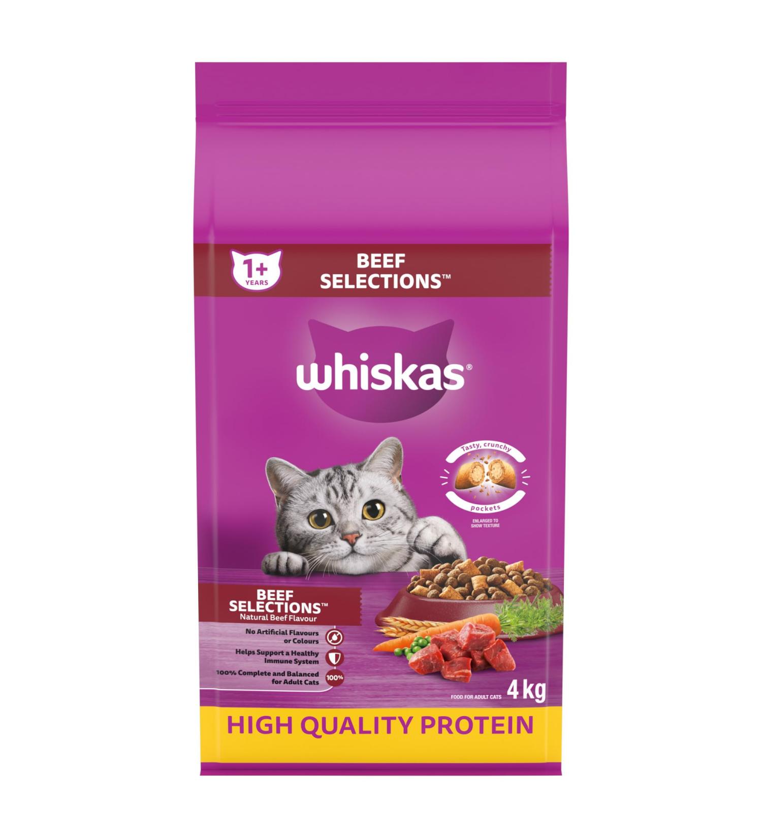 Whiskas Beef Selections Adult Dry Cat Food Natural Beef Flavour 4kg Bag - Buy Online on GoSupps.com