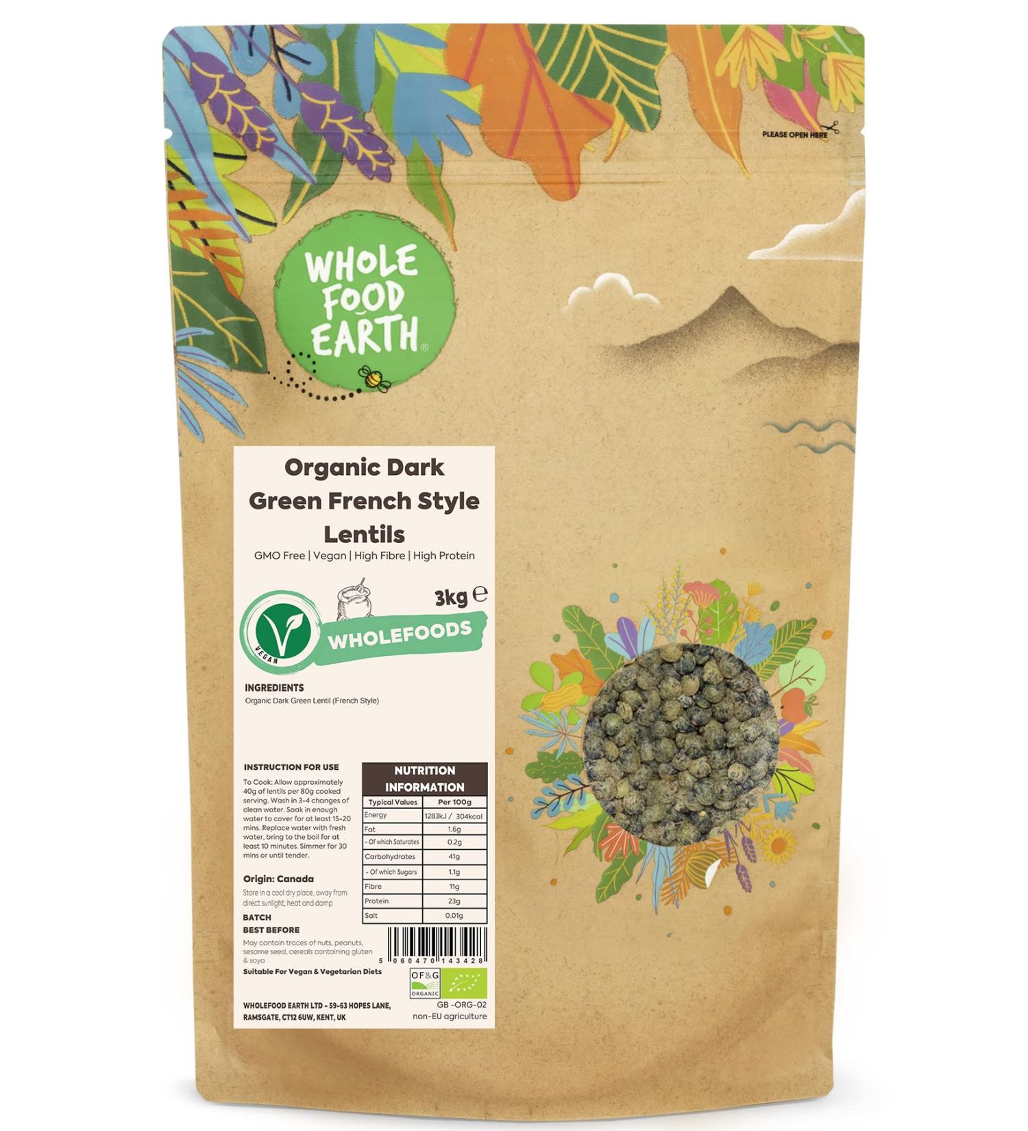 Wholefood Earth Organic Dark Green French Style Lentils 3kg GMO Free | Vegan | High Fibre | High Protein | Certified Organic - Buy Online on GoSupps.com
