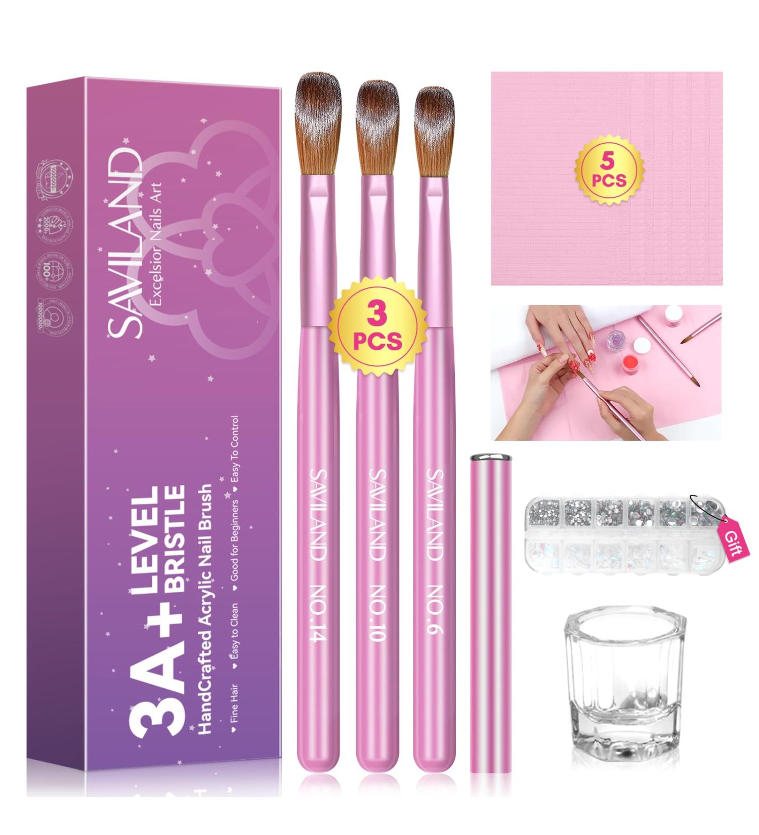 Saviland Acrylic Nail Brush Set for Beginners - 3PCS Size 14 10 6 with Pink Handle | Sturdy Kolinsky Hair for Acrylic Application & Nail Art - Buy Online on GoSupps.com
