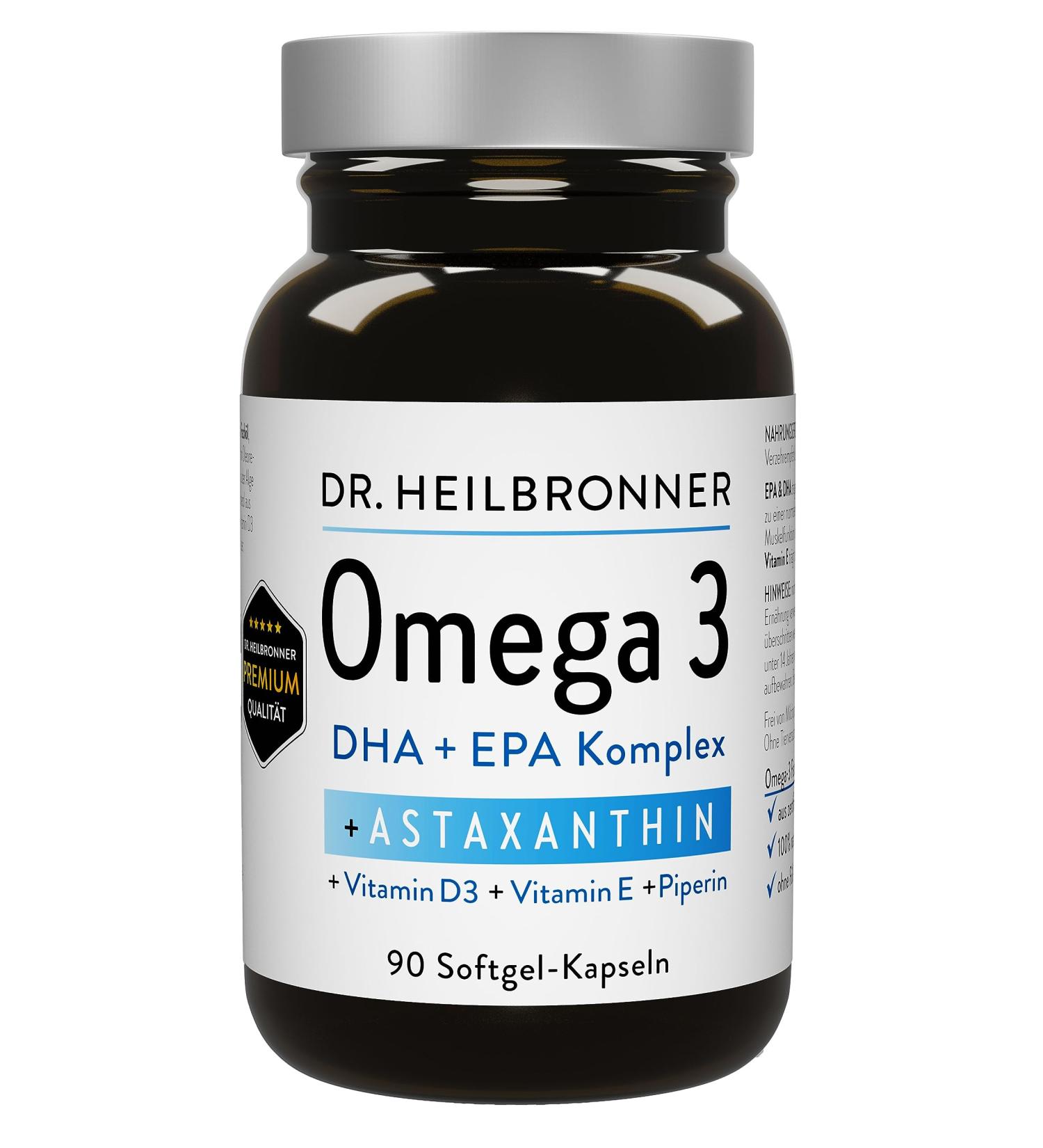 Dr. Heilbronn Omega 3 Astaxanthin Capsules | Vitamin D3 E & Piperin | 90 Gelatine Capsules - Premium Algaextract from Haematococcus Pluvialis - Buy Online on GoSupps.com