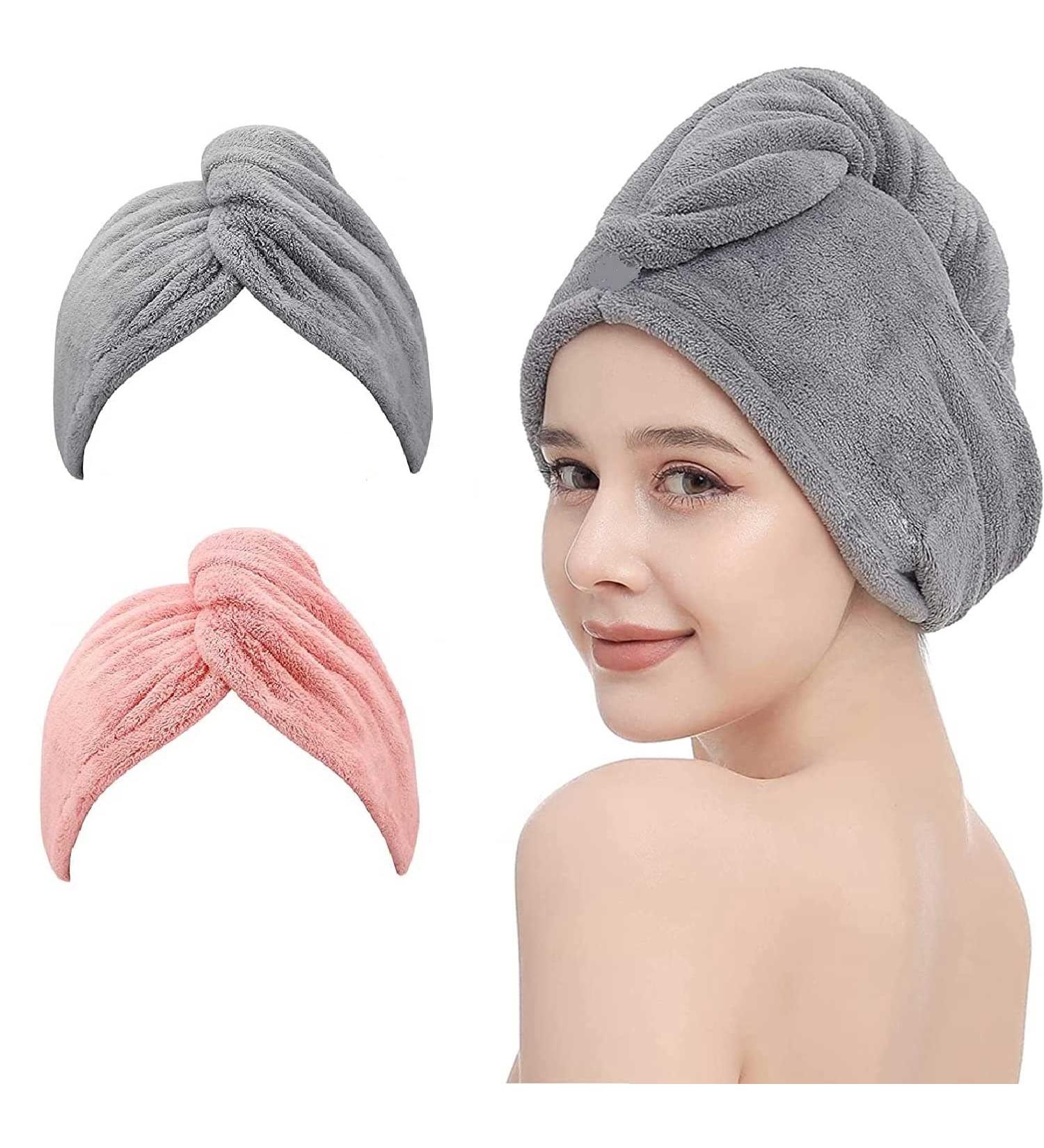 YQBFTC Turban Towel for Long Hair - 2 Pack Super Absorbent Microfiber Hair Towels in Pink & Gray | Quick-Dry Hair Accessories for All Hair Types - Buy Online on GoSupps.com