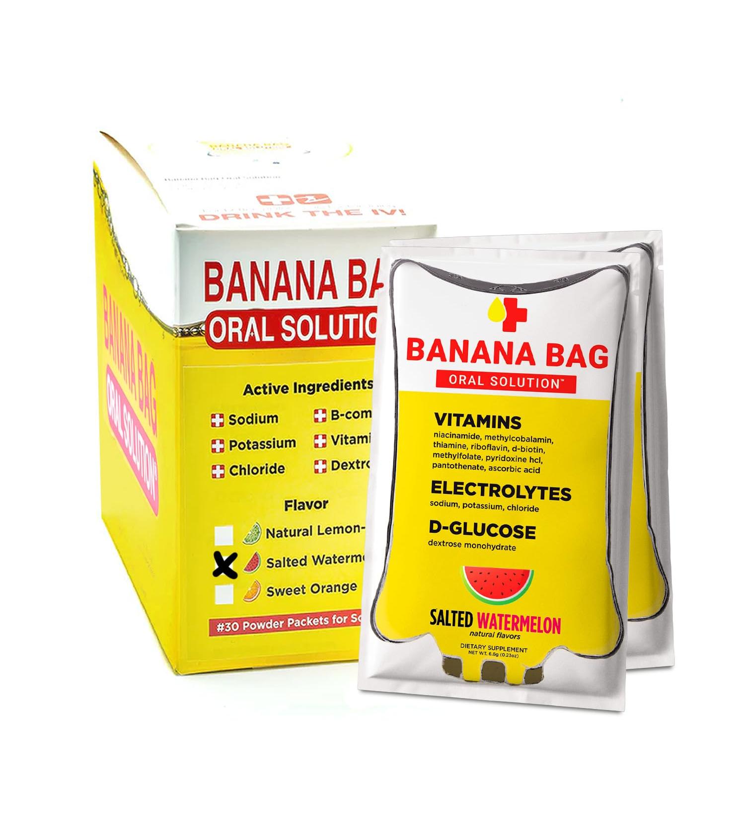 Shop Banana Bag Oral Solution - Salted Watermelon 30-Pack | Medbox Hydration Recovery & Electrolyte Powder Drink Mix - Buy Online on GoSupps.com
