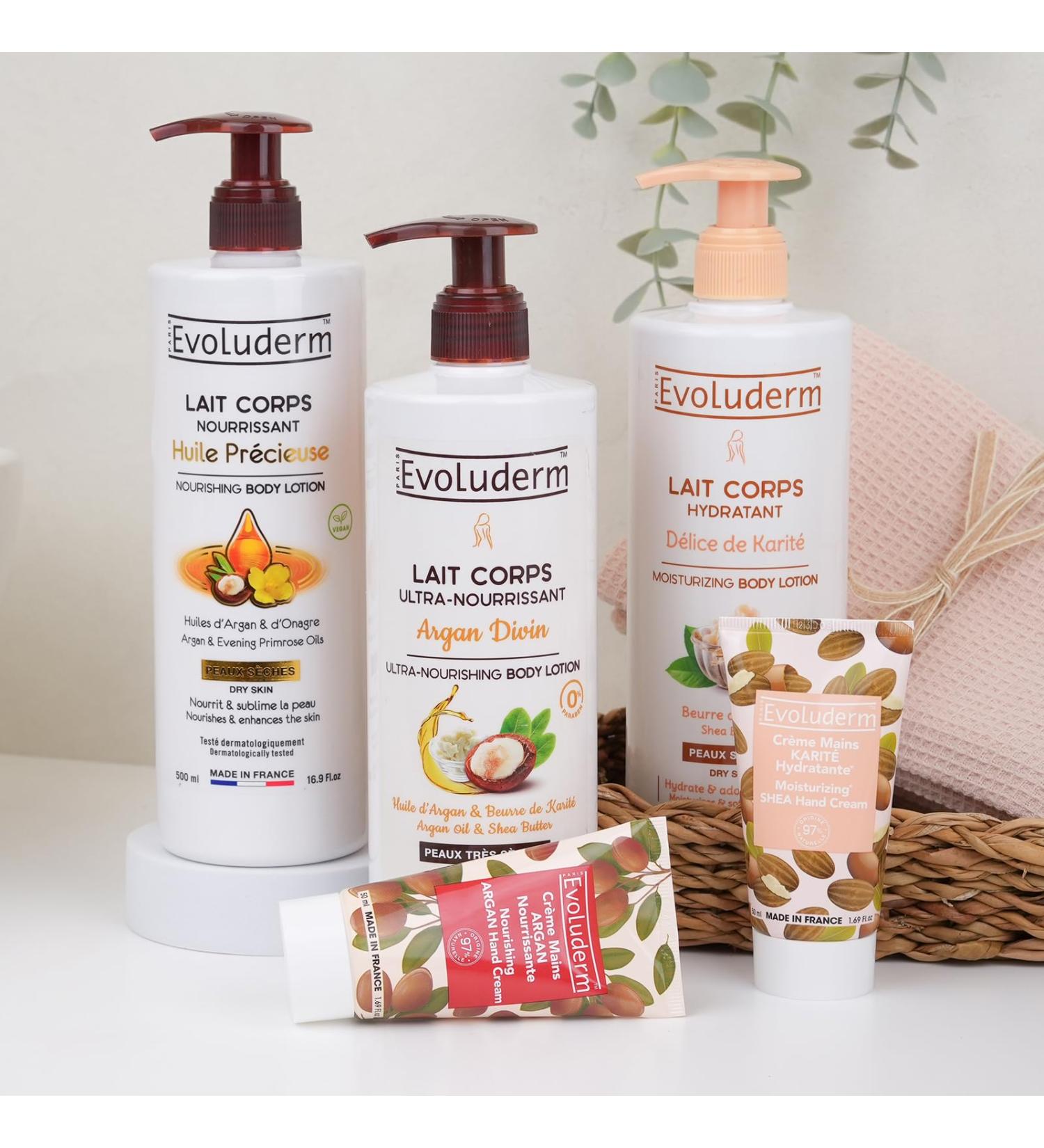 EVOLUDERM - Offer 3 body lotions 500 ml + 2 hand creams - Precious oil body milk - Argan - Shea - Natural ingredients - Made in France - Buy Online on GoSupps.com
