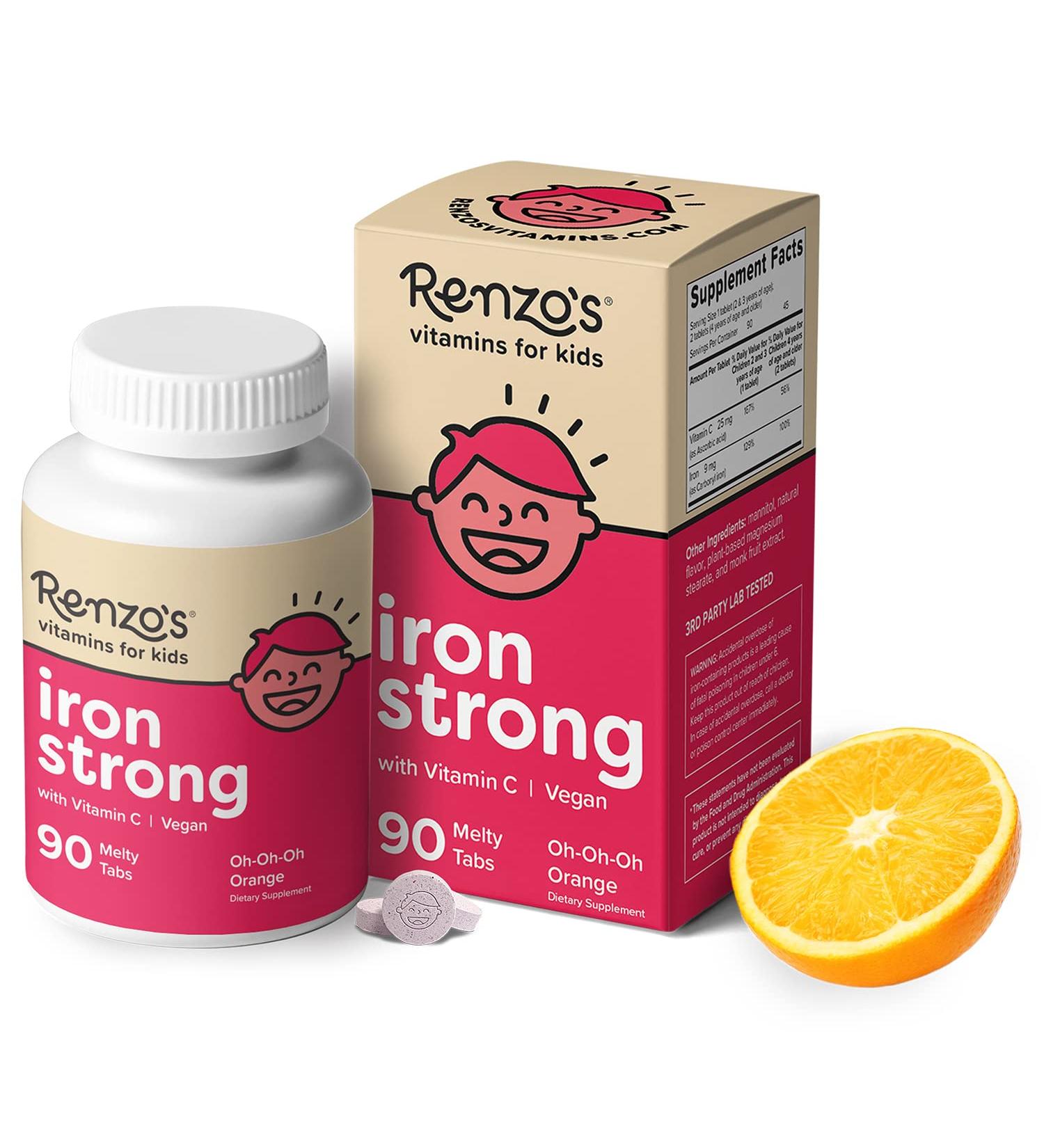 Renzo's Vegan Iron Supplements for Kids - 90 Dissolvable Tablets for Healthy Growth - Buy Online on GoSupps.com