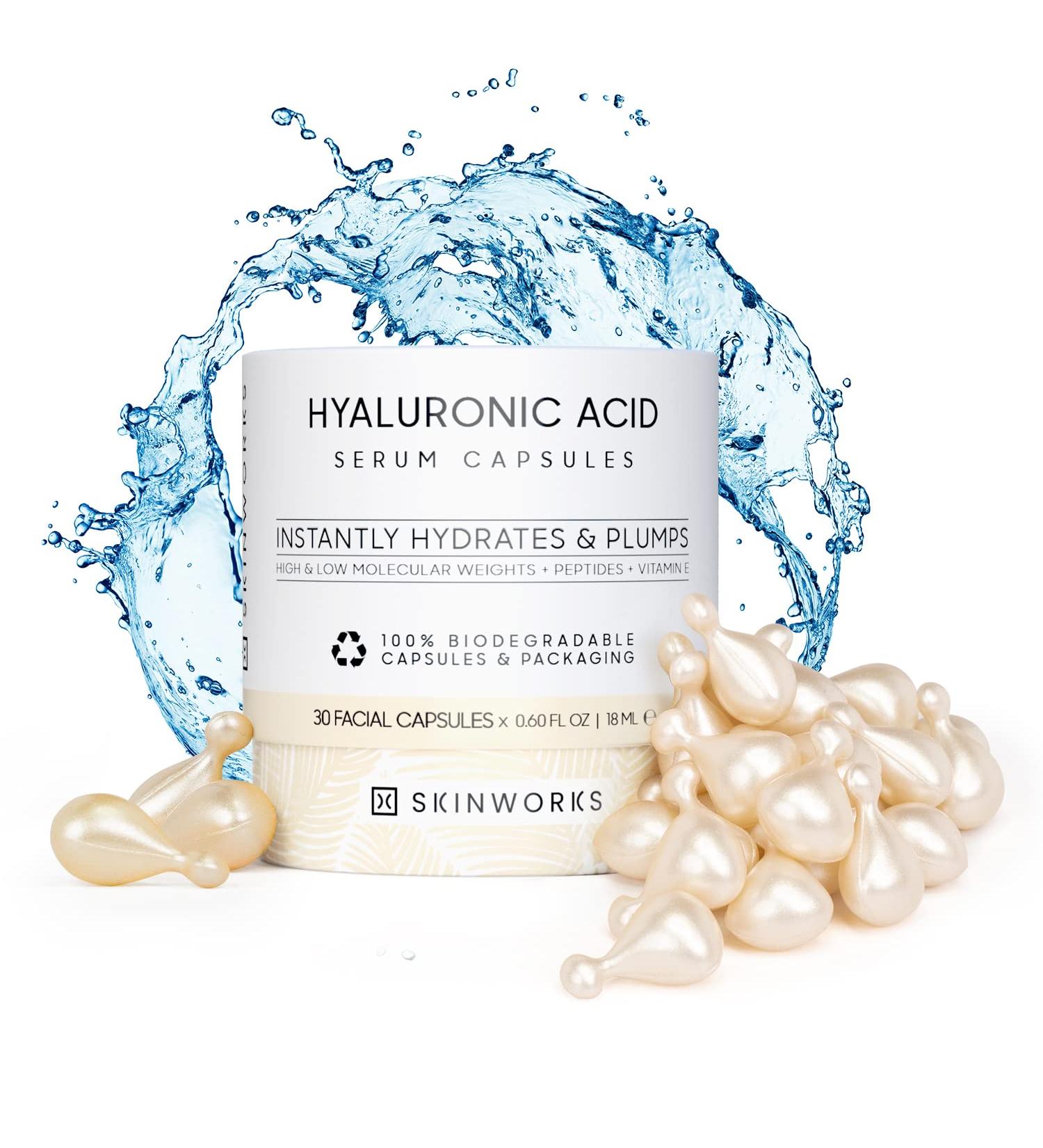 SKINWORKS Hyaluronic Acid Serum for Face - Anti Aging, Hydrating Glow Moisturizer - 30 Capsules, 0.61 Fl Oz (BIODEGRADABLE) - Buy Online on GoSupps.com