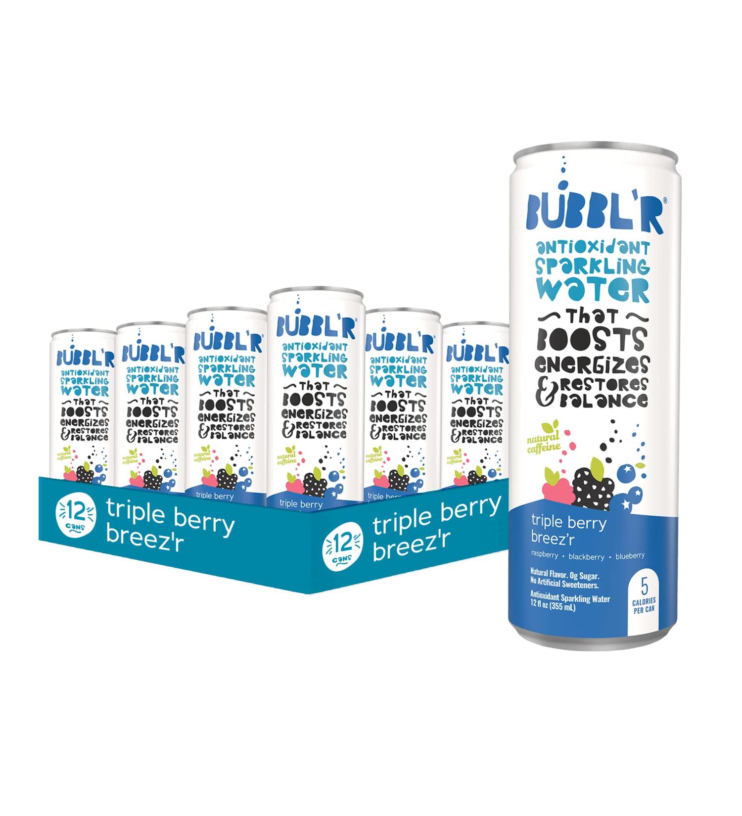 BUBBL'R Triple Berry Breez'r Antioxidant Sparkling Water | Natural Caffeine, 0g Sugar, Gluten Free | 12 Fl Oz Cans - Pack of 12 - Buy Online on GoSupps.com