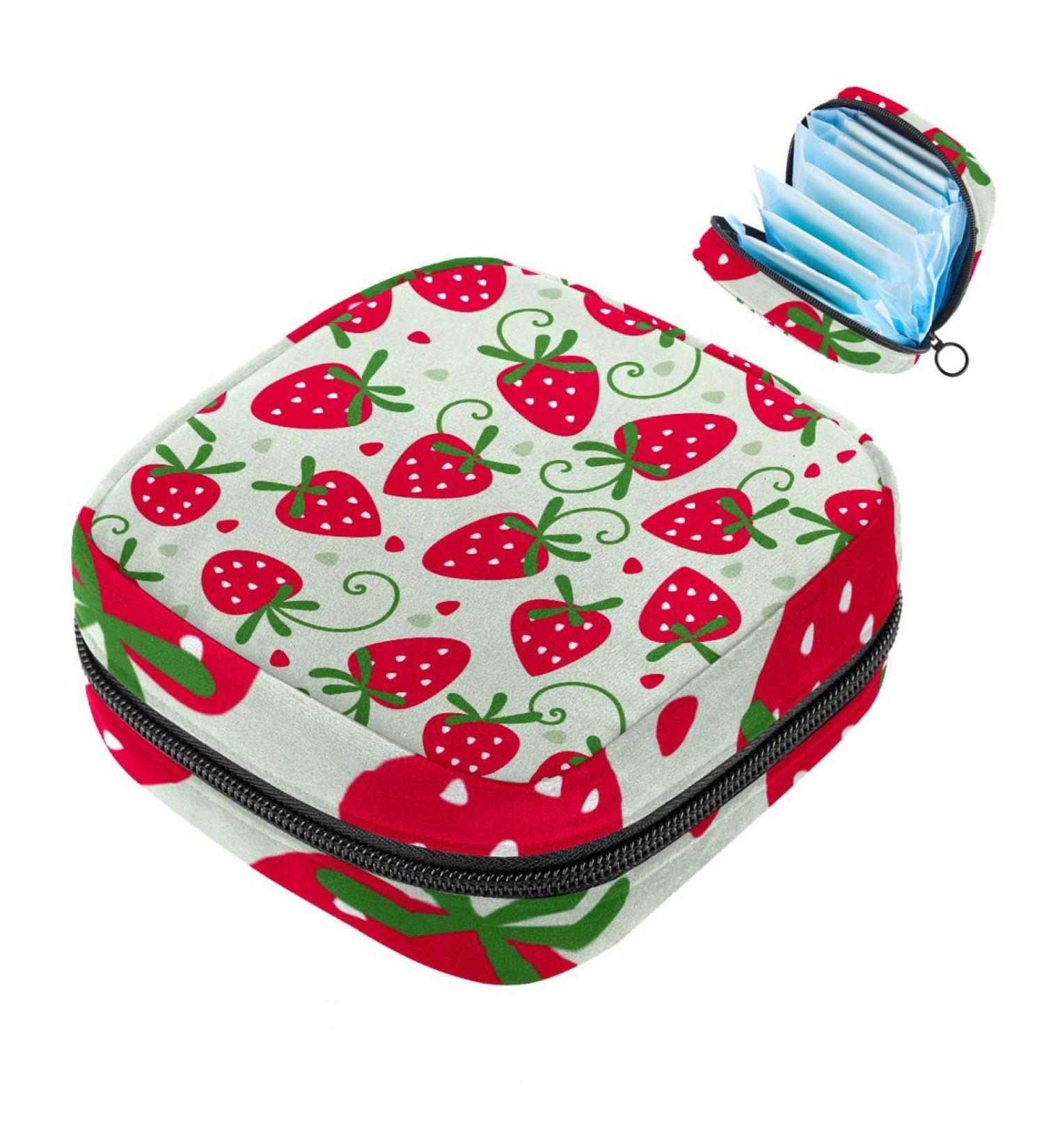 Red Strawberry Pattern Portable Period Bag | Candy Napkins Storage for Women & Teens | Menstrual Cup & Breastfeeding Holder - Buy Online on GoSupps.com