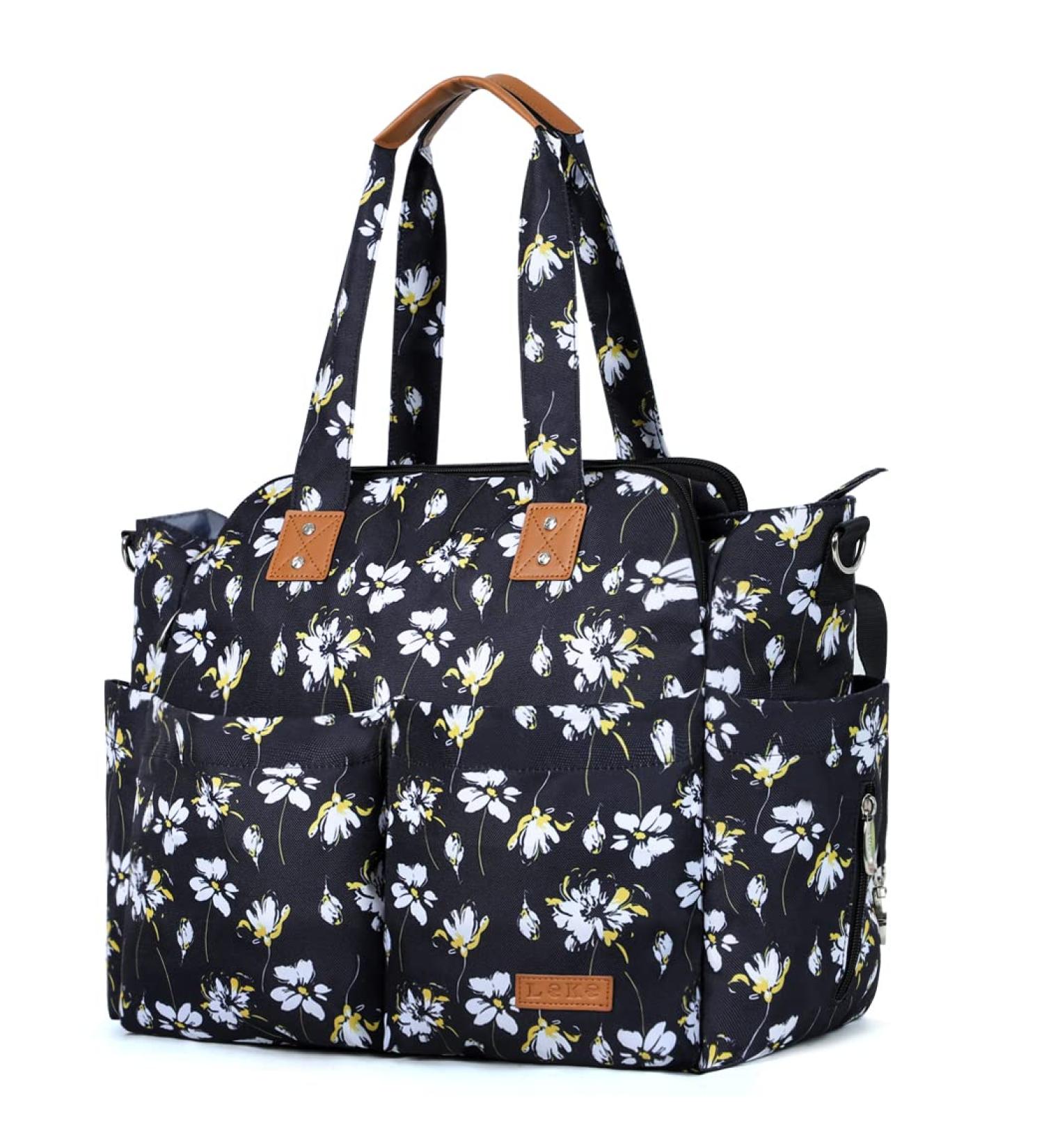 Lekebaby Large Baby Diaper Bag Messenger with Changing Mat - Travel-Friendly Yellow & White Floral Design - Buy Online on GoSupps.com