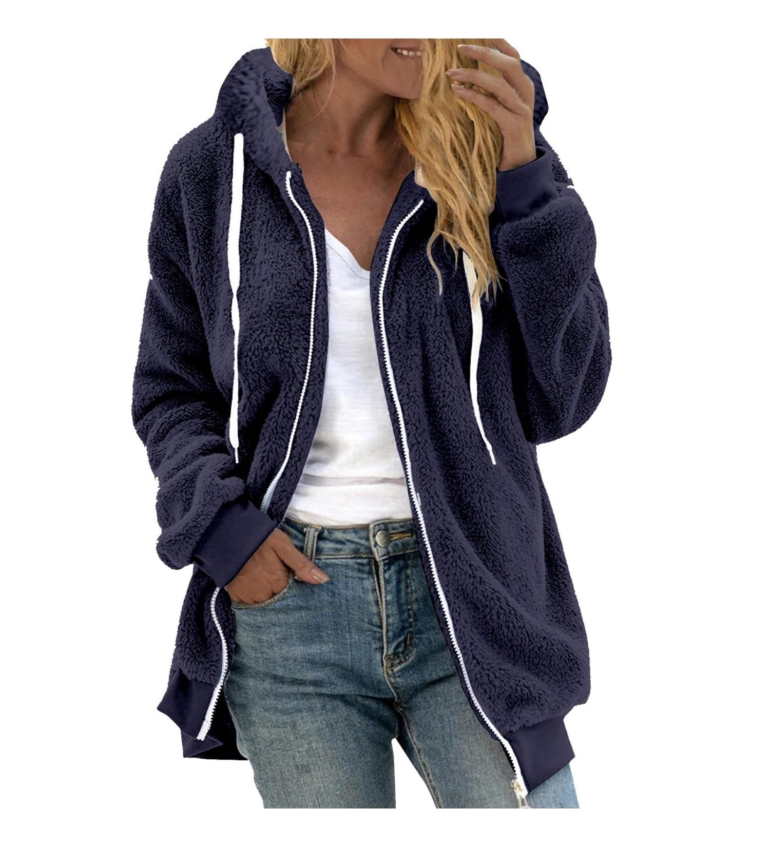 Shop Hanxiulin Women's Fleece Plush Jacket - Warm Long-Sleeved Bomber Coat with Hood | Fluffy Winter Fashion in Dark Blue 3XL - Buy Online on GoSupps.com