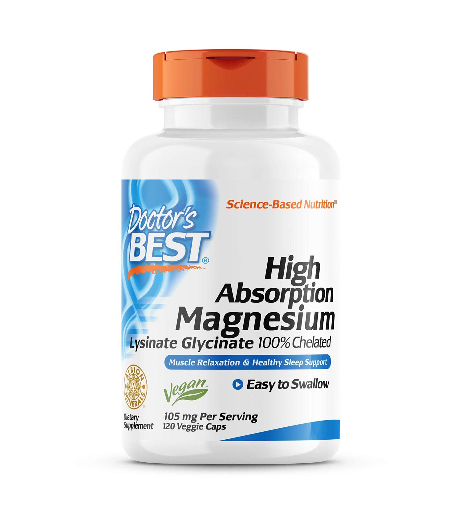 Doctor's Best High Absorption Magnesium Lysinate Glycinate 105 mg â€“ 120 Veggie Caps for Optimal Health - Buy Online on GoSupps.com