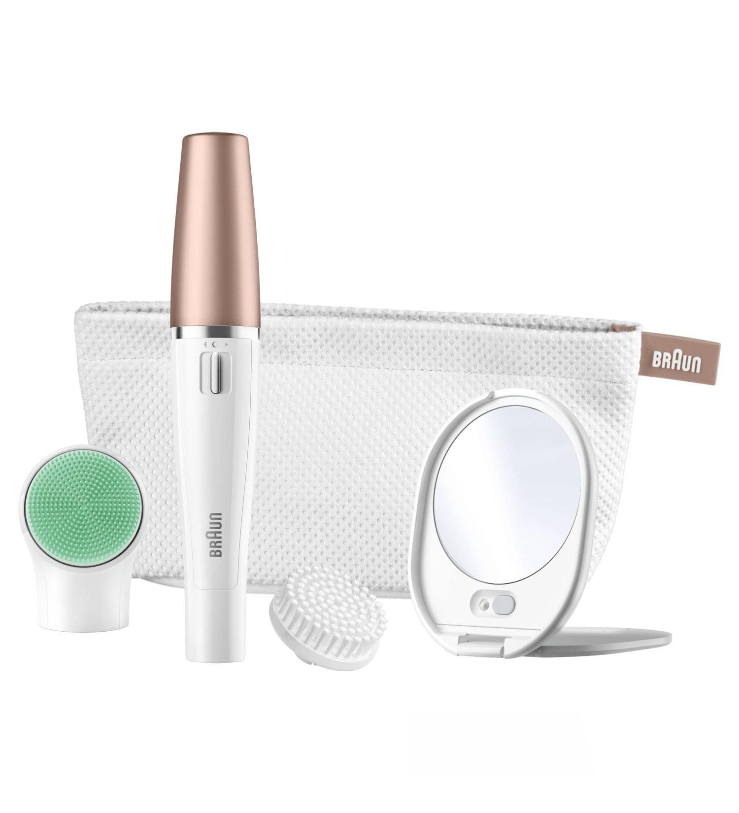Braun FaceSpa 3-in-1 Epilator Hair Removal & Cleansing Brush | Lighted Mirror & Beauty Pouch Included | White 851V - Buy Online on GoSupps.com