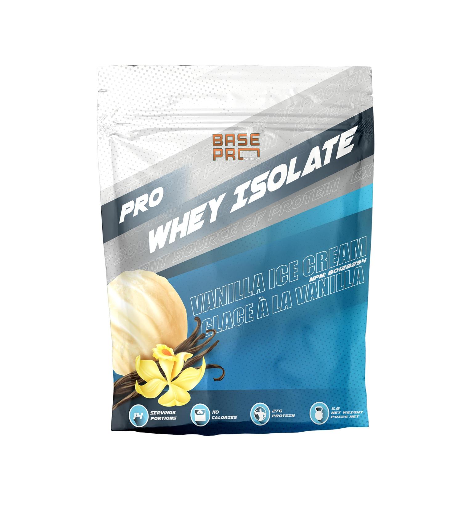 Pro Whey Isolate - Vanilla Ice Cream | Base Pro Nutrition | Whey Isolate Protein Powder 27 Grams of Protein Per Scoop 14 Servings Per Pouch | 1LB Vanilla Ice Cream 454 g (Pack of 1) - Buy Online on GoSupps.com