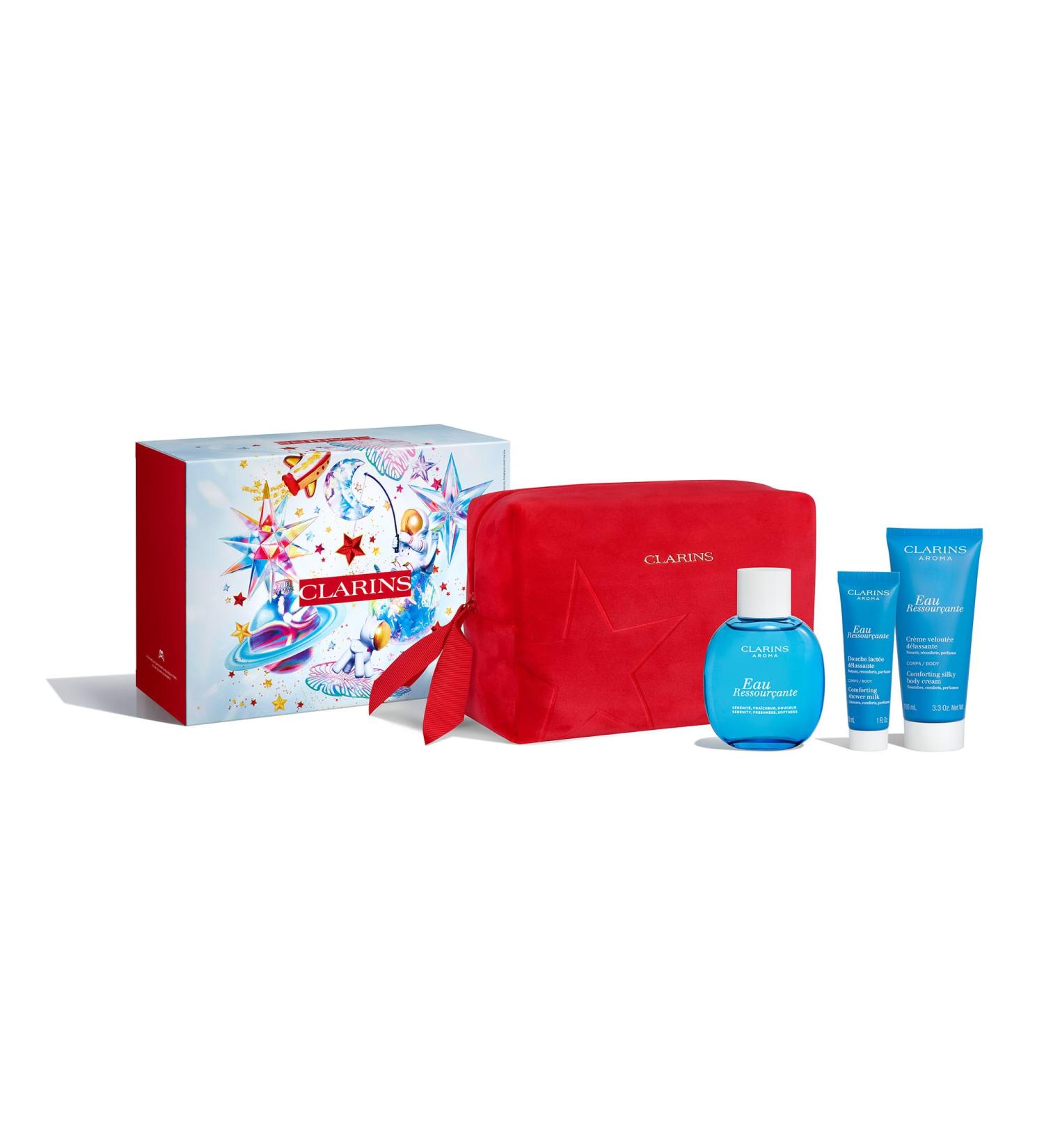 Clarins Gift Set | Eau Ressour ante Essentials 230ml | Worth 64 | Eau Ressour ante Treatment Fragrance Eau Ressour ante Comforting Showerl Eau Ressour ante Comforting Body Cream - Buy Online on GoSupps.com