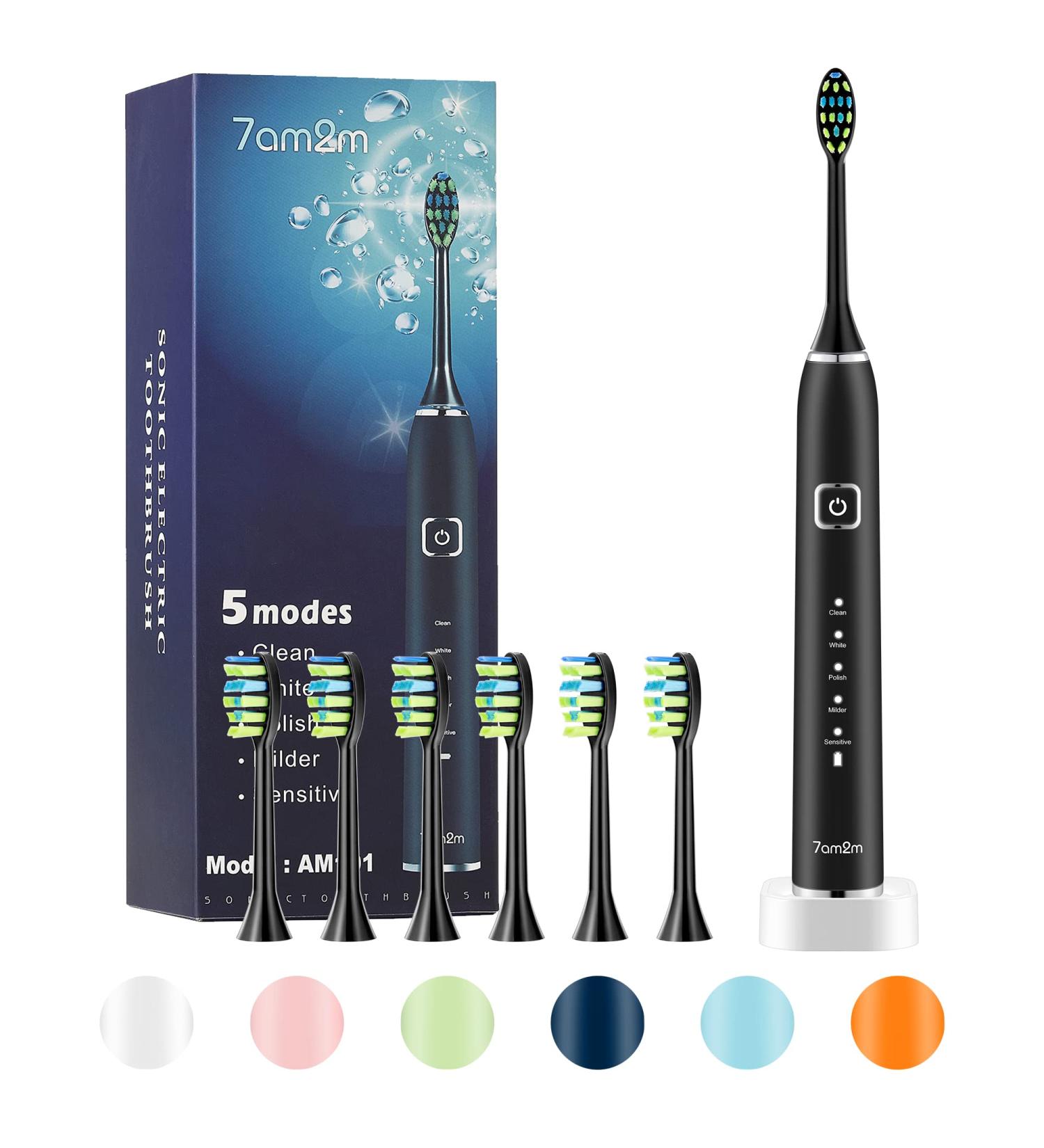 7am2m Sonic Electric Toothbrush with 6 Brush Heads for Adults and Kids Wireless Fast Charge One Charge for 60 Days 5 Modes with 2 Minutes Built in Smart Timer Electric Toothbrushes(Black) No Travel Case Black - Buy Online on GoSupps.com