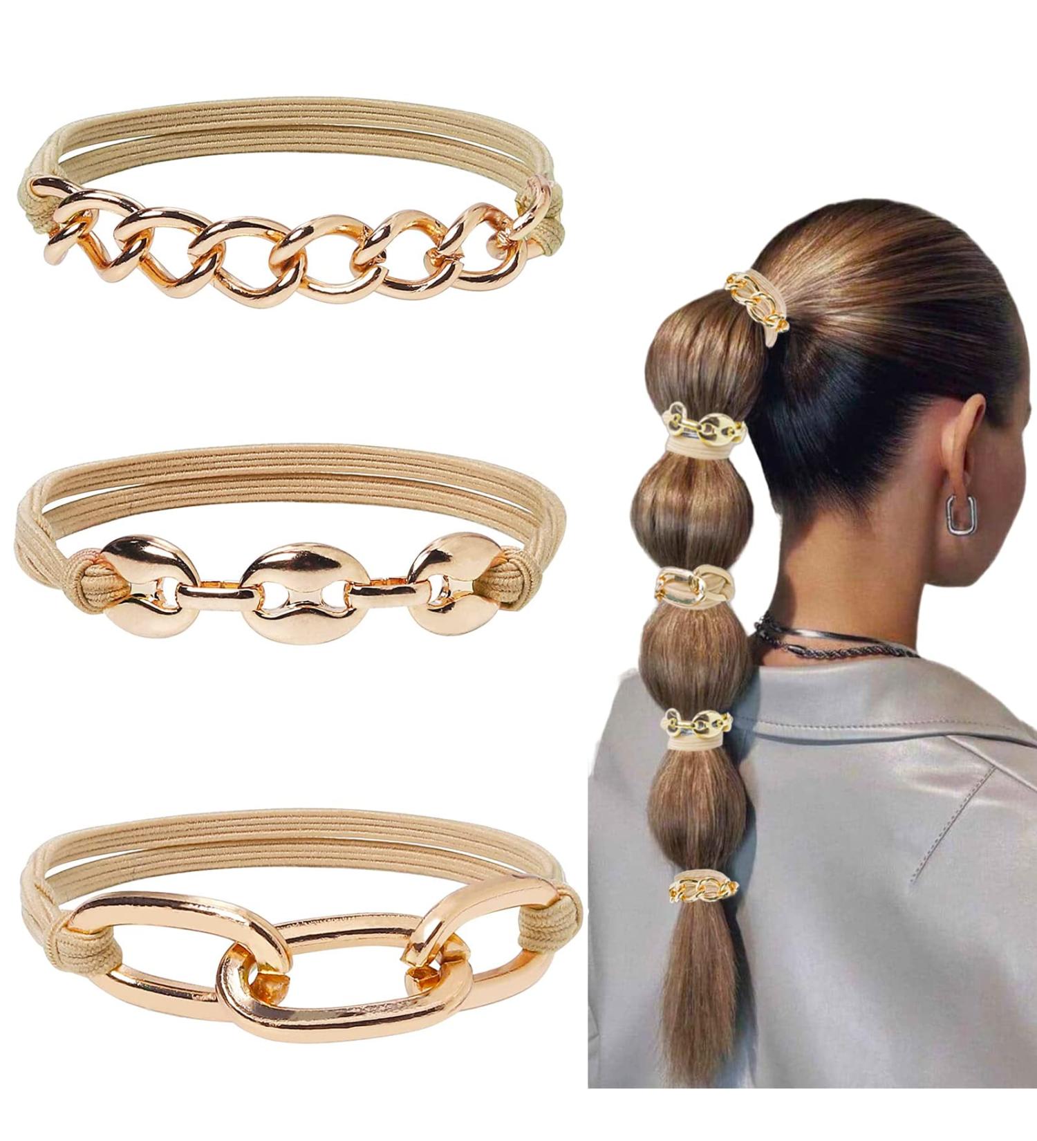 Beige-Gold Bracelet Hair Ties for Women Girls - Stylish Ponytail Holders with Gold Chain - Great for Thick Hair - Buy Online on GoSupps.com
