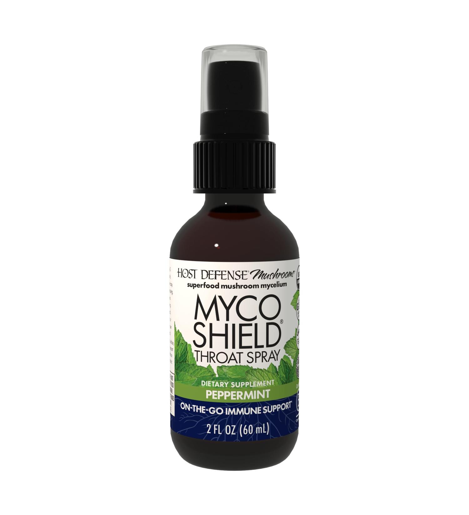 Host Defense MycoShield Throat Spray - Immune Health Support - Dietary Mushroom Supplement with Chaga Reishi Turkey Tail & More - On-The-Go Immune Support - Peppermint 2 fl oz (142 Servings)* Peppermint 2 Fl Oz (Pack of 1) - Buy Online on GoSupps.com