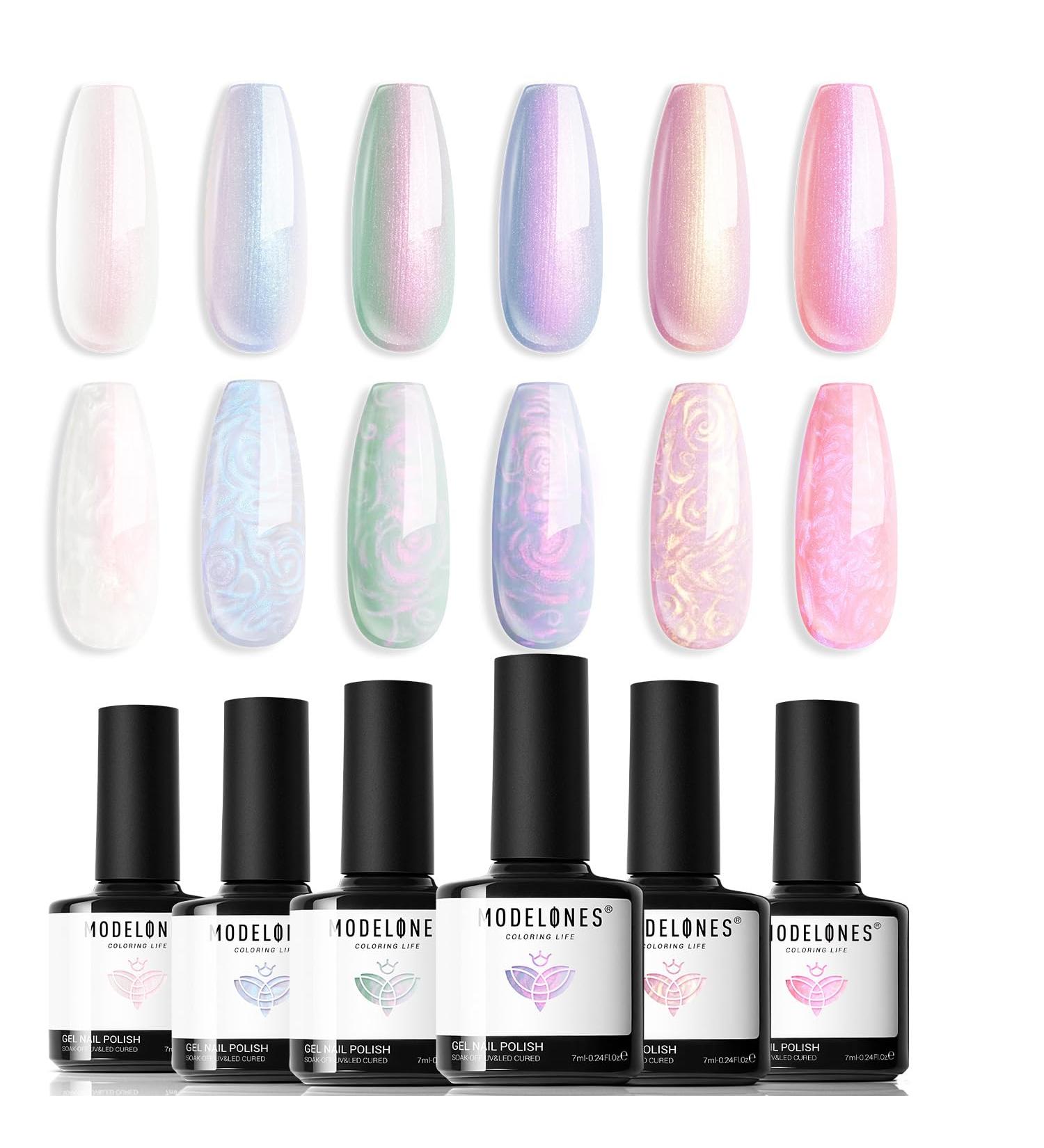 Modelones Pearl Gel Nail Polish 6 Colors Aurora Iridescent Shimmer White Pink Purple Mermaid Nail Drawing Gel Polish Soak Off UV Gel Led Spring Gel Polish Swirl Shell Thread Effect DIY Manicure Gifts - Buy Online on GoSupps.com
