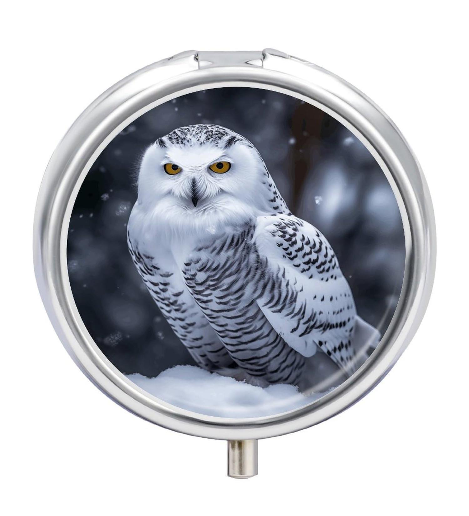 Shop Round Pill Box - Arctic Owl Print | 3 Compartment Decorative Metal Organizer | Portable Pocket Pill Box - Buy Online on GoSupps.com