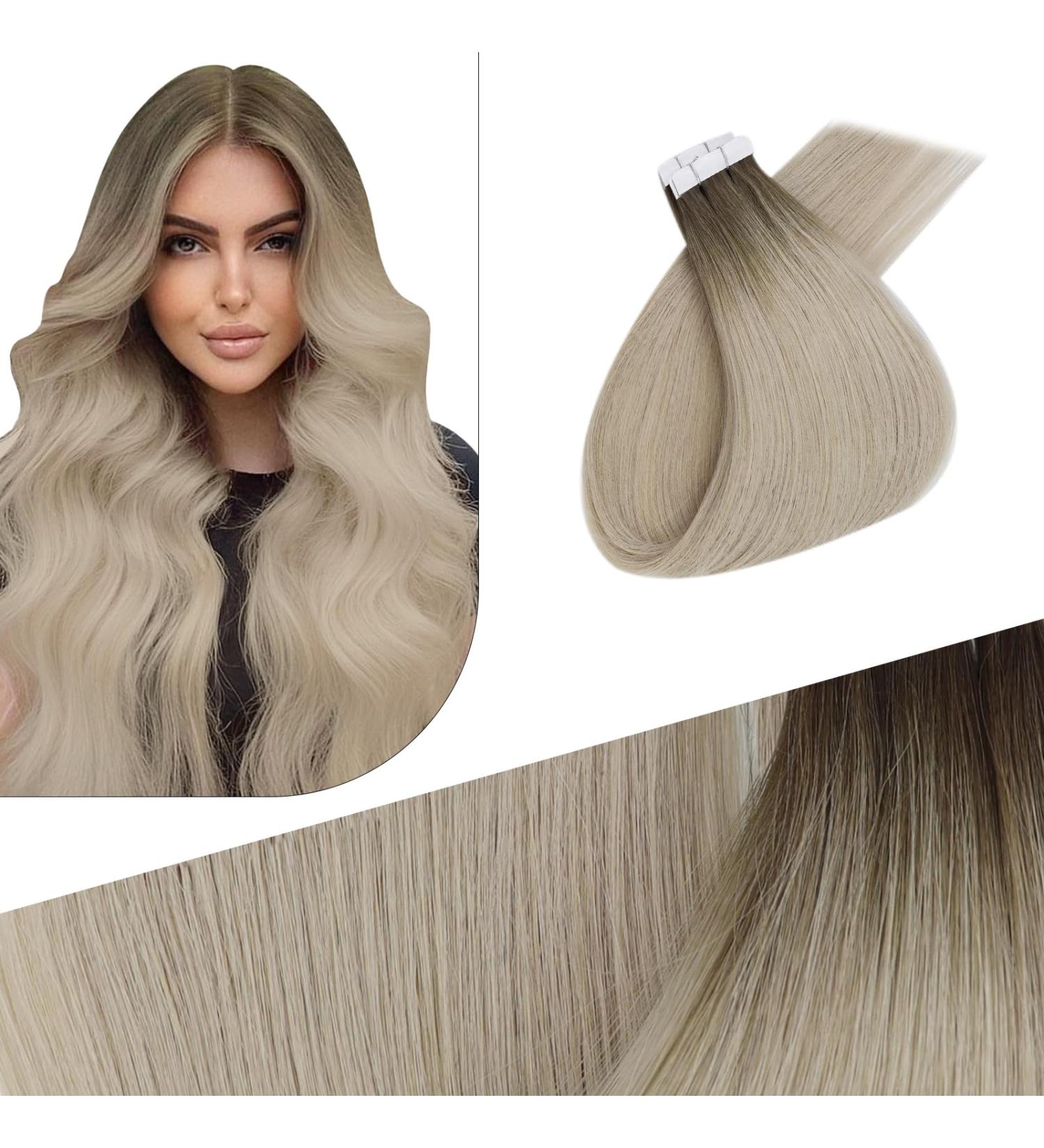 FSHINE Platinum Blonde Invisible Tape Hair Extensions - 45cm Real Virgin Hair 10 Pieces 20g #9A/10/800 - Buy Online on GoSupps.com