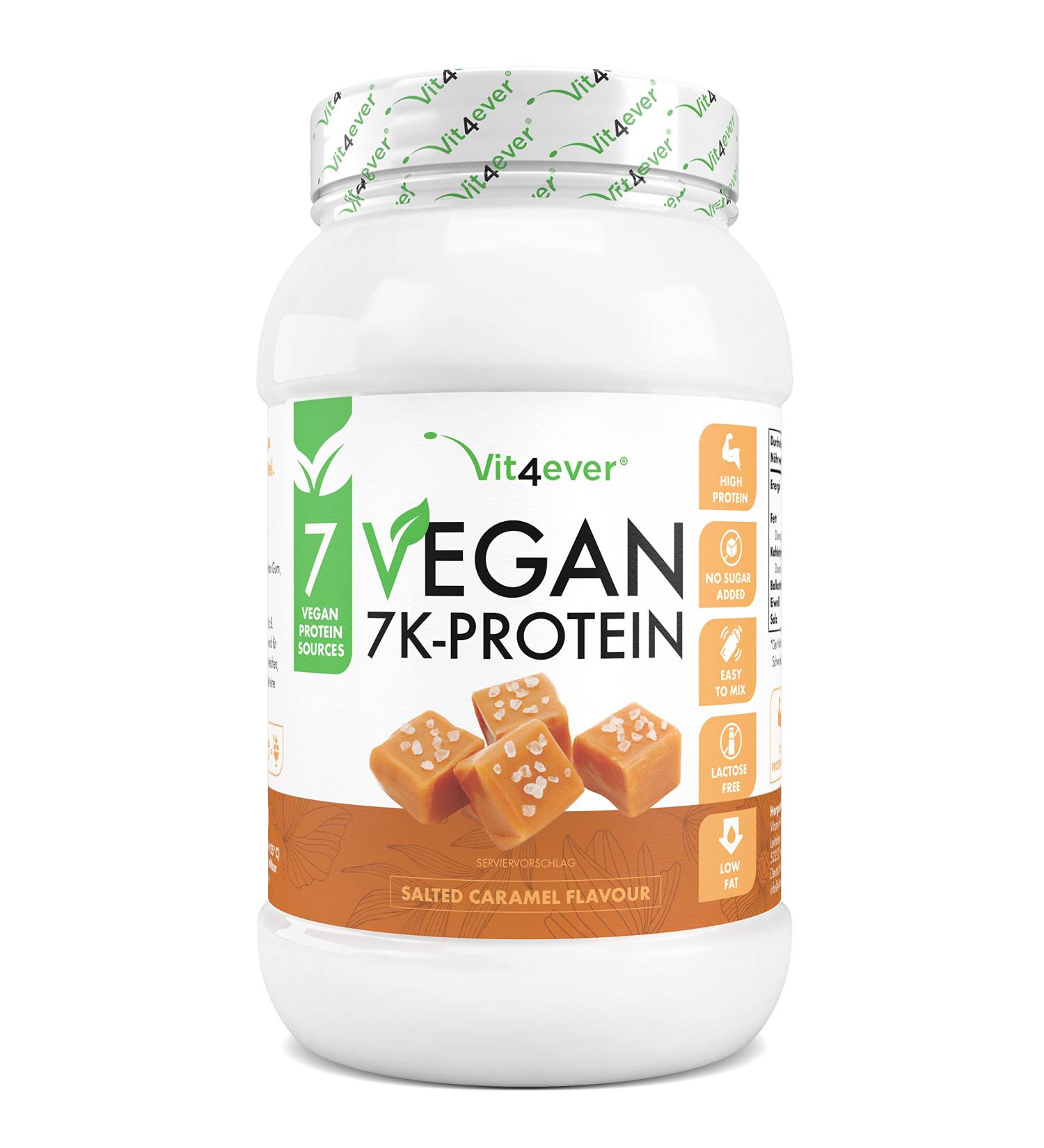 Vegan 7K Protein Powder - 1kg Salted Caramel | Pure Plant-Based Protein Blend (Rice Almond Soy Pea Hemp Cranberry Sunflower) - Ideal for Smoothies & Fitness - Buy Online on GoSupps.com