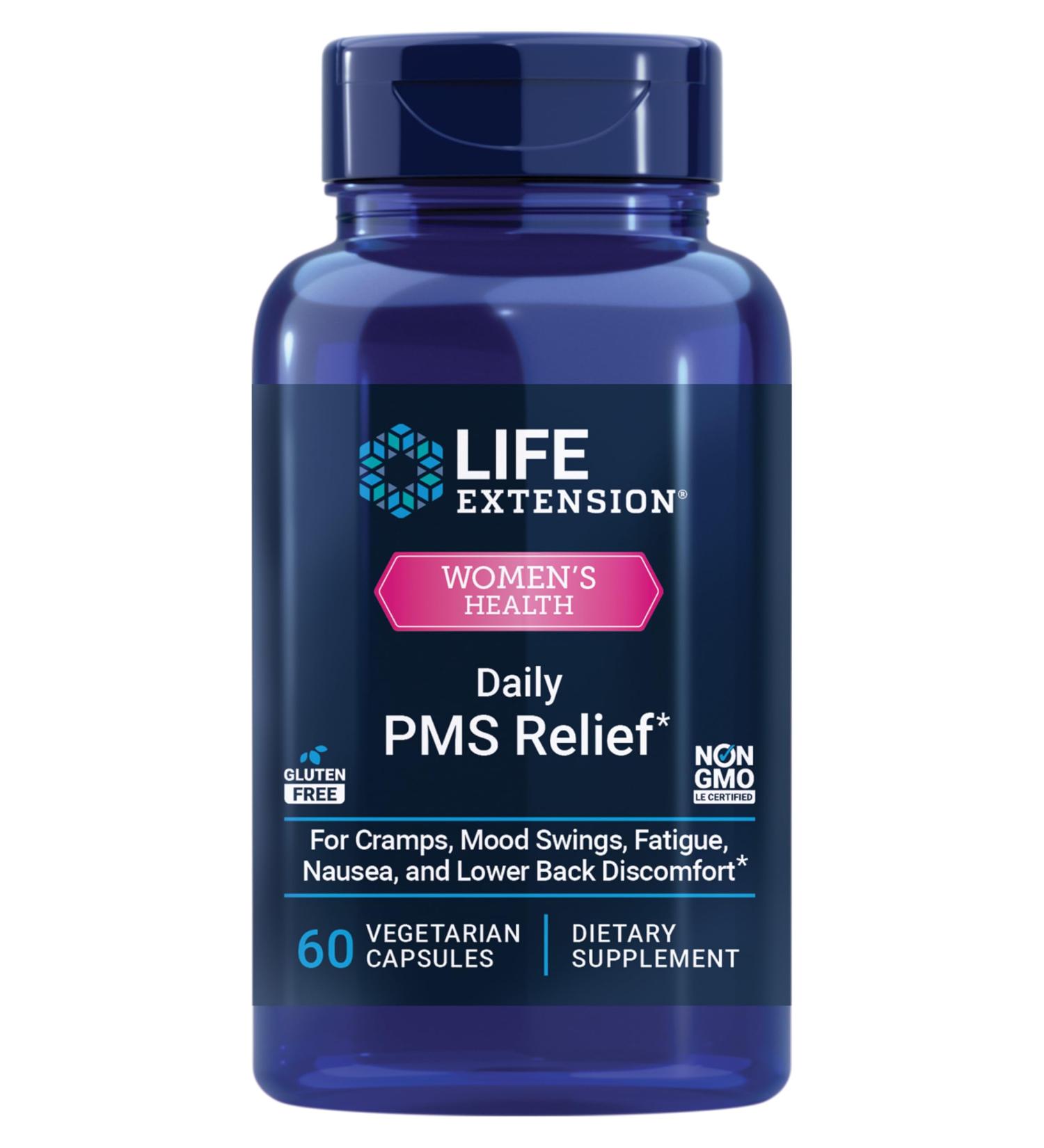 Life Extension Daily PMS Relief Menstrual Comfort Supplement PMS-Related Cramps Lower Back discomfort Mood Ginger Magnesium B6 Gluten-Free Non-GMO 60 Capsules - Buy Online on GoSupps.com