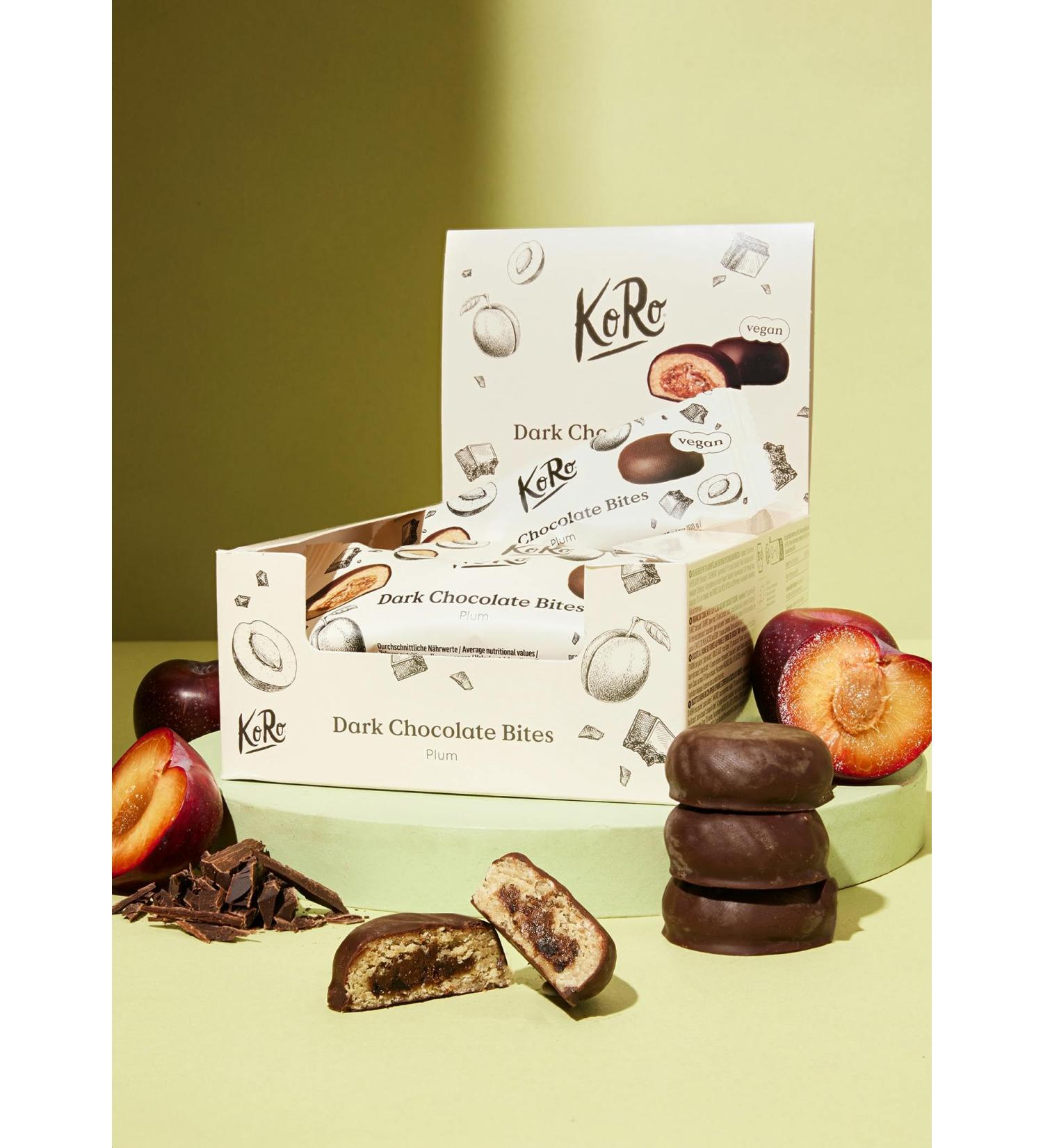 KoRo - Organic Dark Chocolate Plum Bites 12 x 2 x 20 g - Oat and cashew base - Dried plum filling - Coated in vegan dark chocolate - Buy Online on GoSupps.com