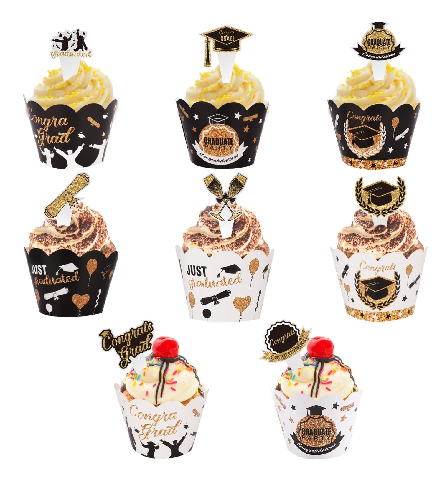 AIERSA 96Pcs Graduation Cupcake Toppers Wrappers 2024 Congrats Grad Cupcake Decorations Set Graduation Cupcake Wrappers for Cupcake Food Decorations Black Gold - Buy Online on GoSupps.com