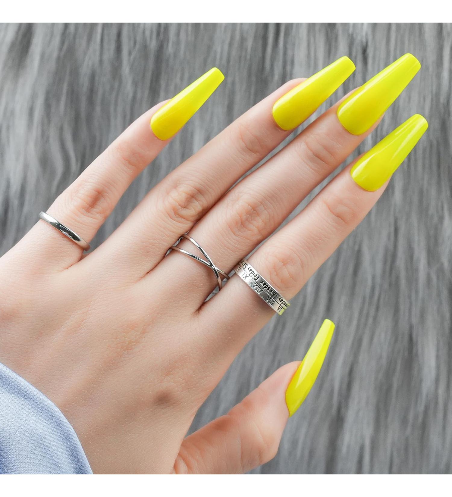 Jofay Fashion Fluorescent Yellow Long Coffin Press on Nails - 24pcs | Reusable Glossy False Nails with Glue for Women and Girls - Buy Online on GoSupps.com