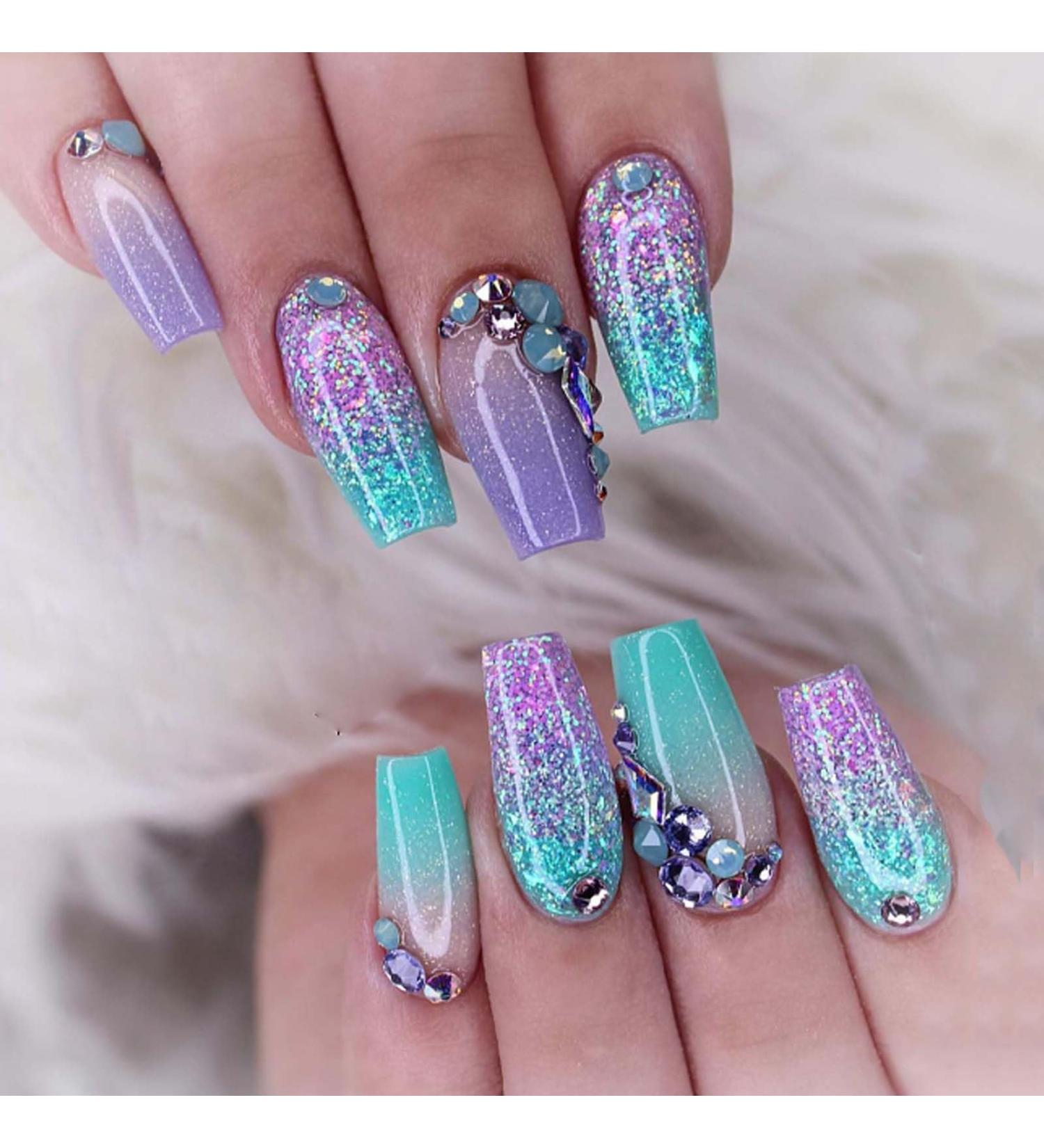 Medium Press on Nails with Rhinestones - Full Cover Acrylic Coffin Nails | 24PCS for Women & Girls - International Shipping Available - Buy Online on GoSupps.com