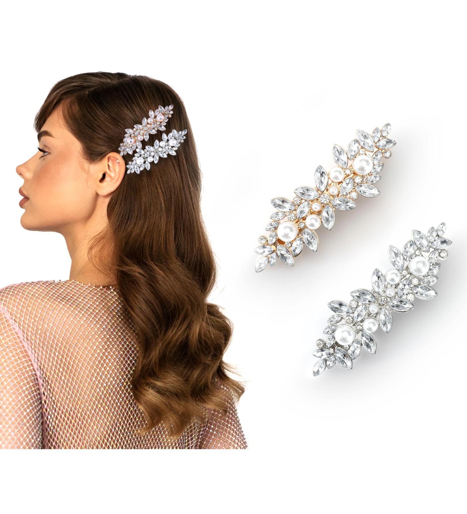 Lusofie 2Pcs Rhinestone Hair Clips Crystal Pearl Bridal Hair Clip Fancy Hair Clips Wedding Accessories Hair Barrettes for Women Girls Bridal - Buy Online on GoSupps.com