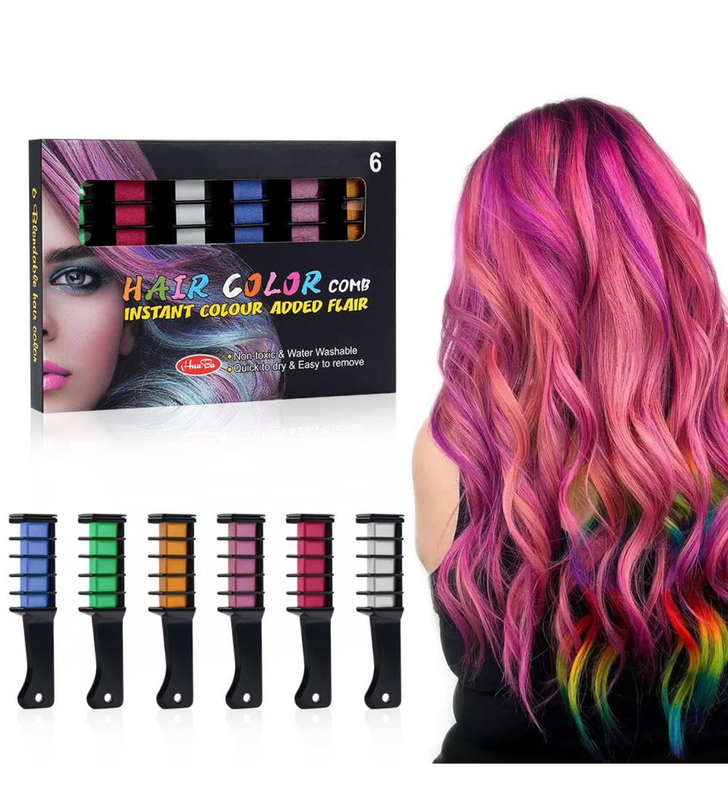 AOOWU 6 Colors Hair Chalk Comb Set - Safe & Non-Toxic Temporary Hair Dye for Girls Kids - Washable Hair Color Brush for Halloween, New Year Party & Cosplay - Buy Online on GoSupps.com
